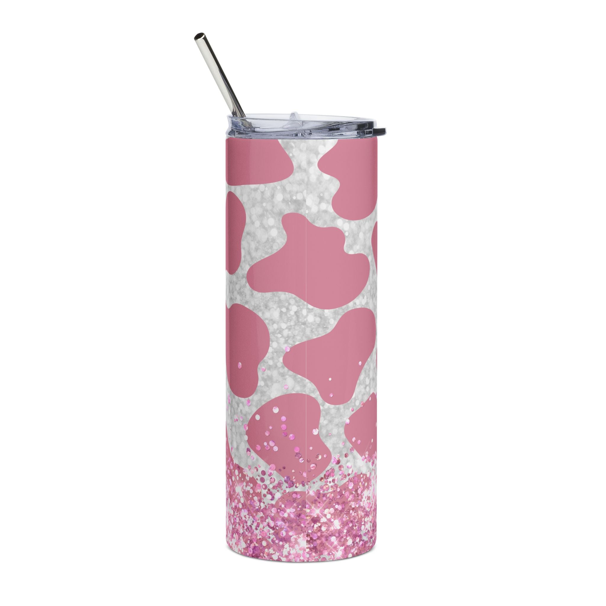 Pink Cow Print Stainless Steel Tumbler | 20oz Glitter Accent