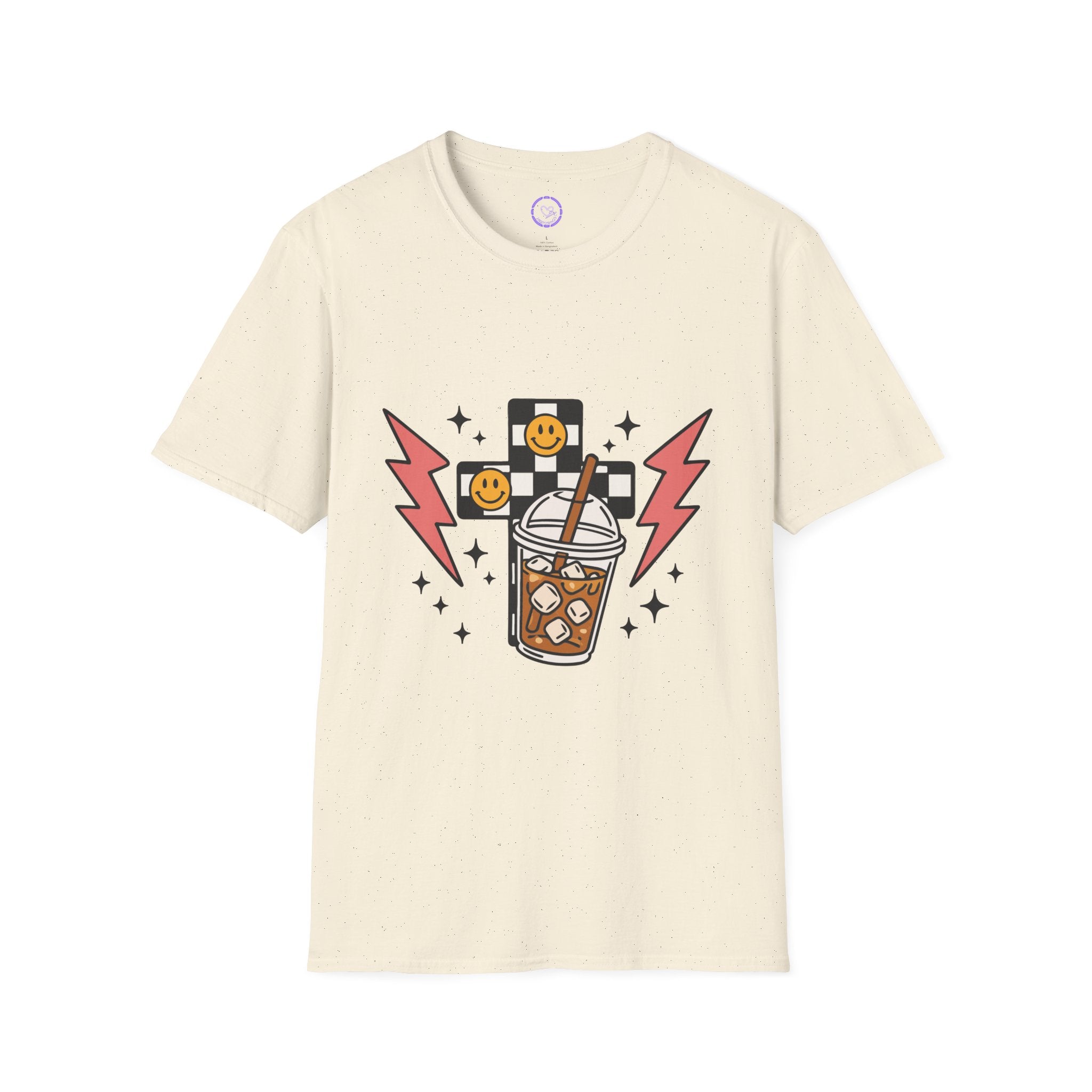 Iced Coffee Cartoon Lightning T-Shirt | Smile Pixels, Retro Beverage