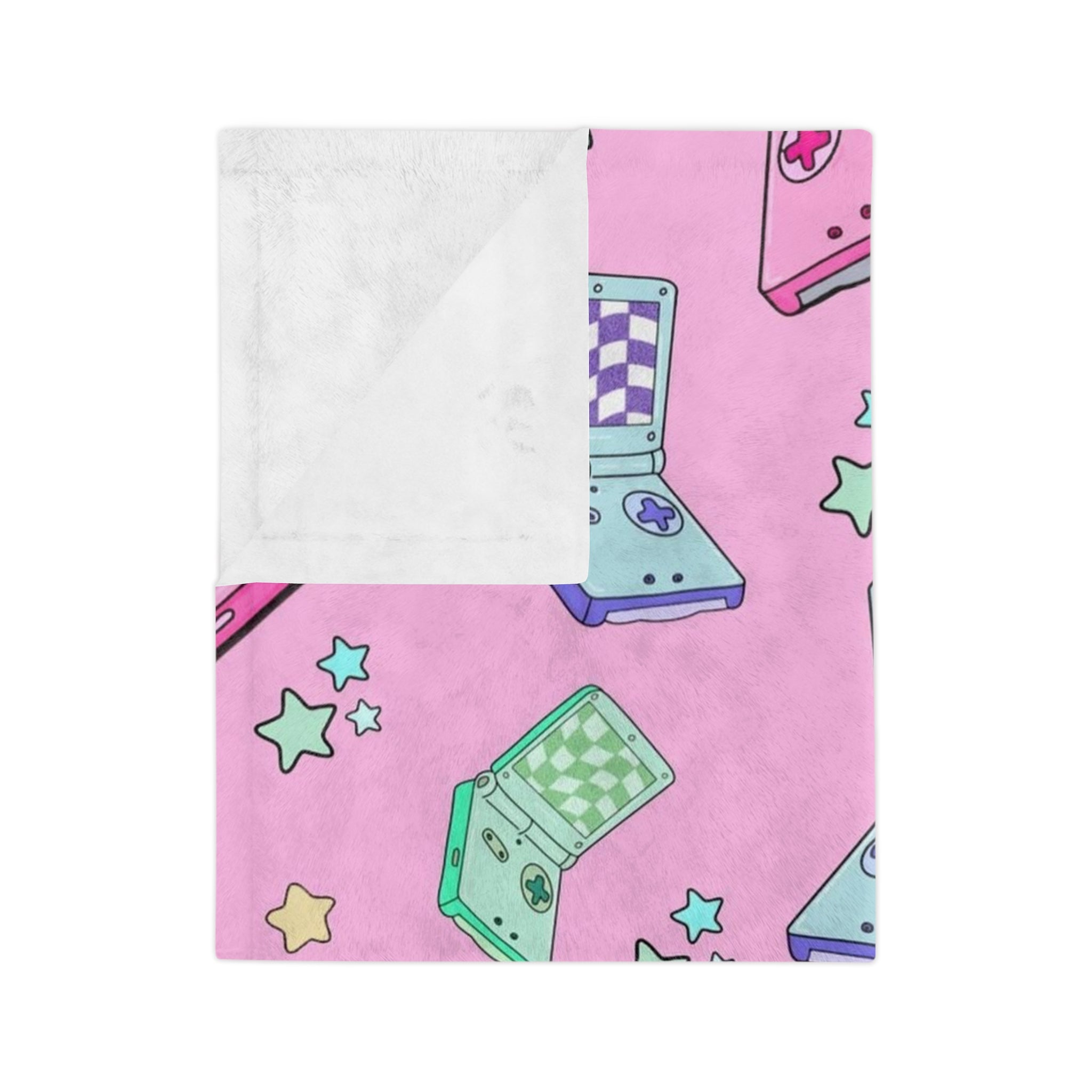 Gamer Girl Retro Handheld Console Pattern Blanket | Pink Gaming Daisy Velveteen Microfiber