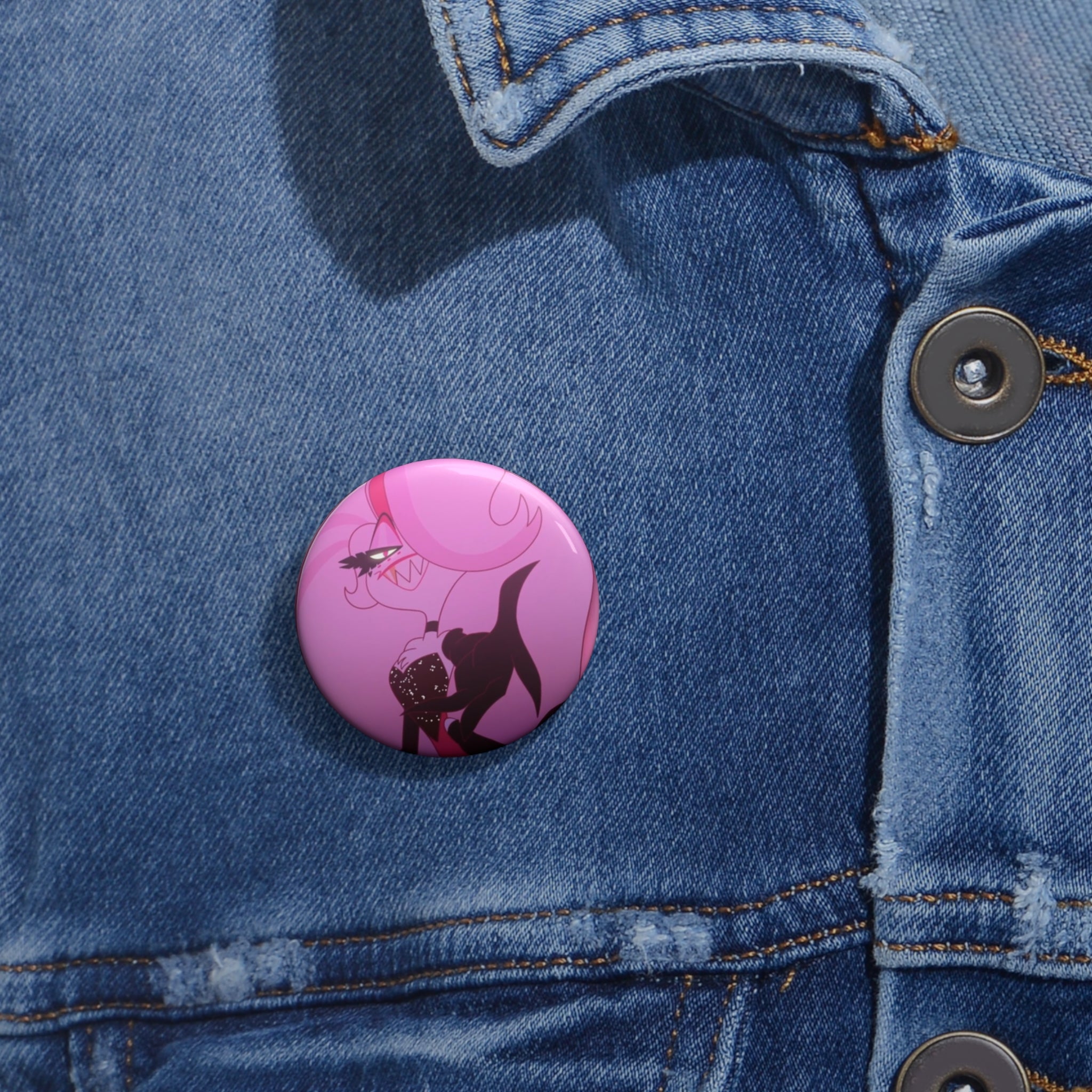 Hazbin Hotel Angel Dust Pink Demoness Illustration pin buttons | enamel-style round badge, gothic character art