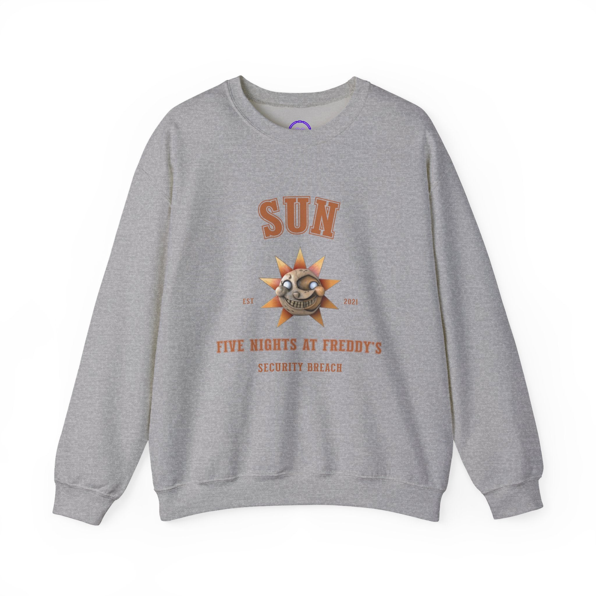 FNAF 5NAF Five Nights At Freddys Varsity Sun Security Breach Skull Graphic Crewneck Sweatshirt | Retro Horror Arcade