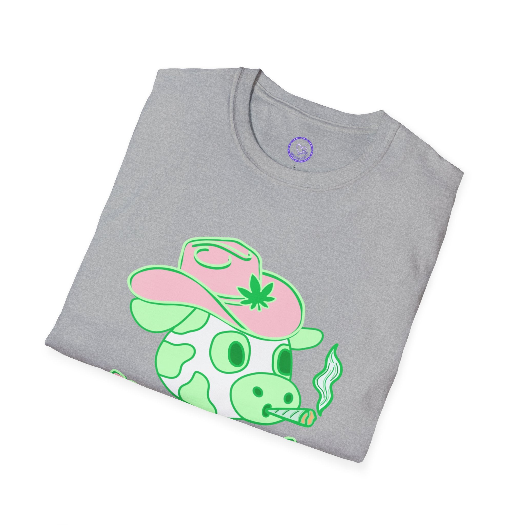 Udderly Baked Cow T-Shirt | Cow Smoking Graphic, Pastel Green Pink