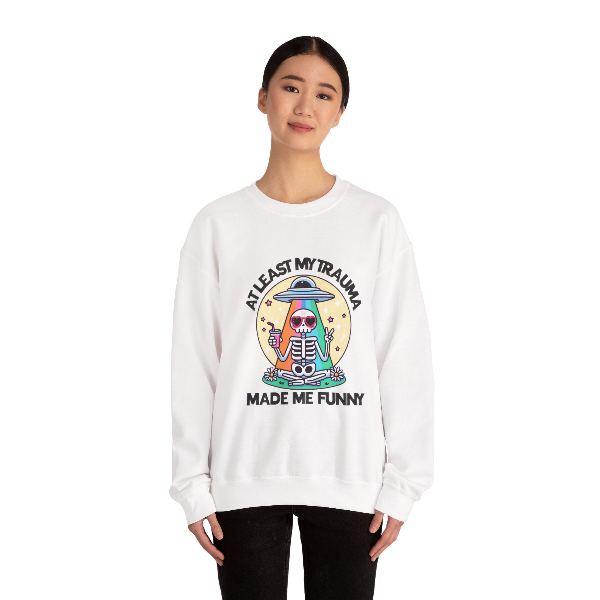 At Least My Trauma Made Me Funny Crewneck Sweatshirt | Skeleton Meditation Design