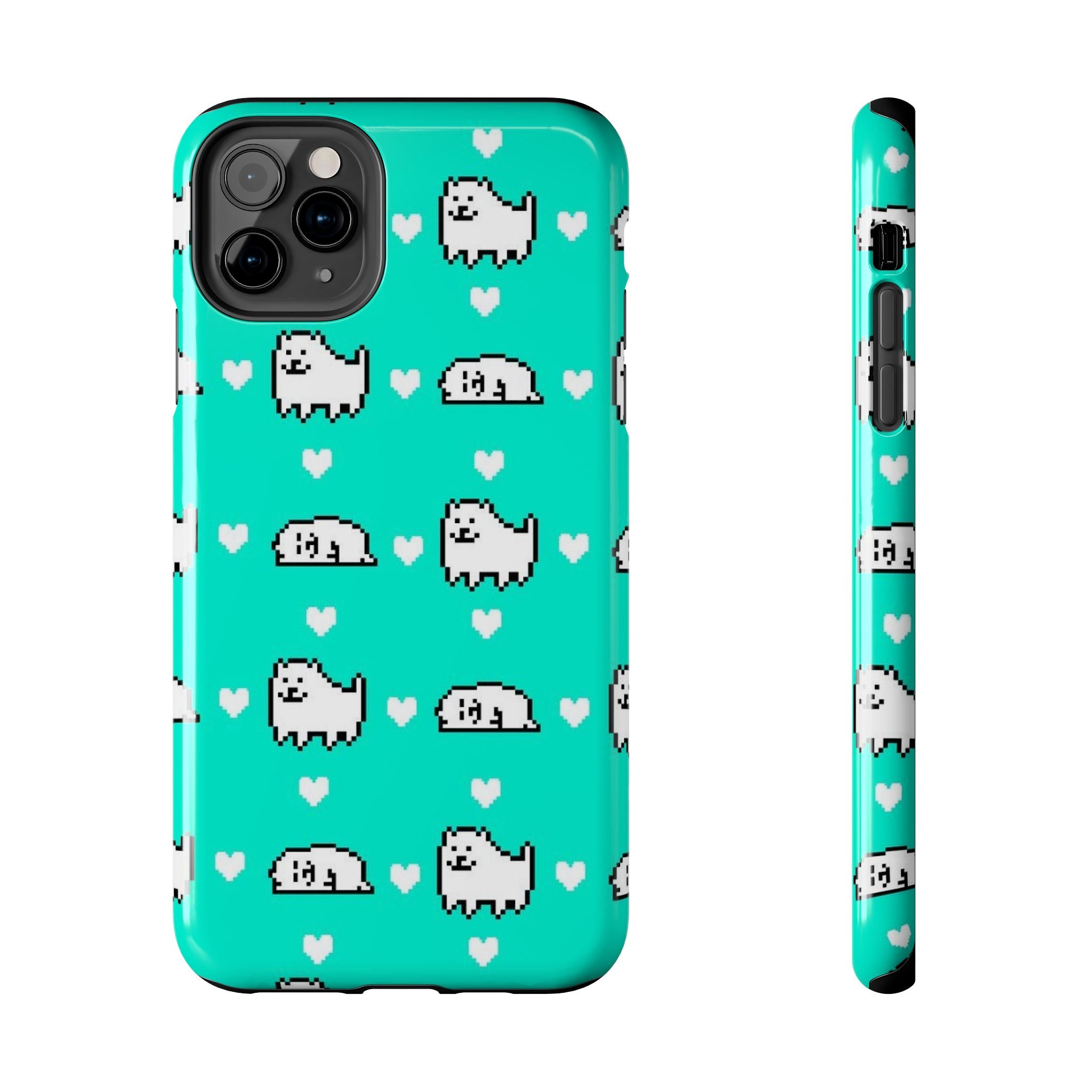 Undertale Cute Teal Kawaii Pixel Dog Pattern Phone Case | Cute Hearts Tough Phone Cases