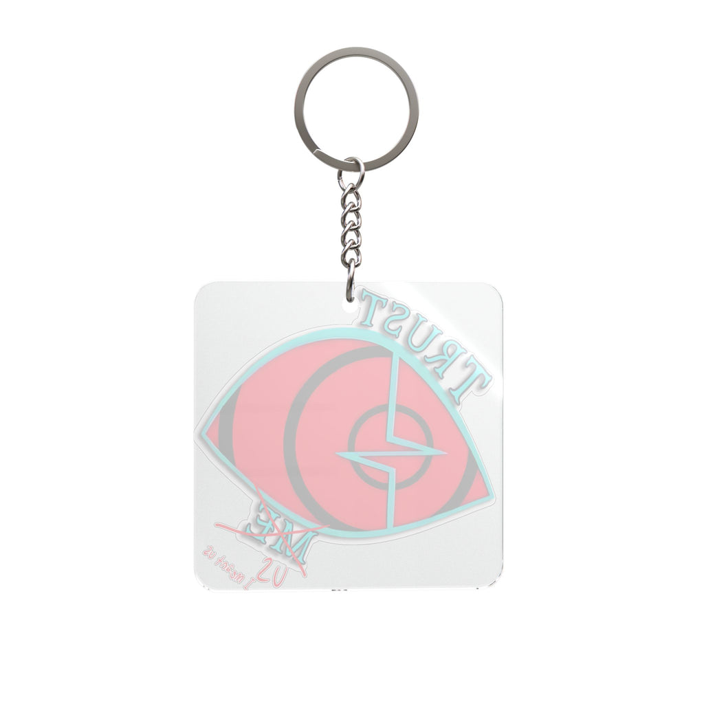Hazbin Hotel VoxTek The Vees Hellaverse Trust Eye graphic Square Keychain | red teal eye design, retro vaporwave style