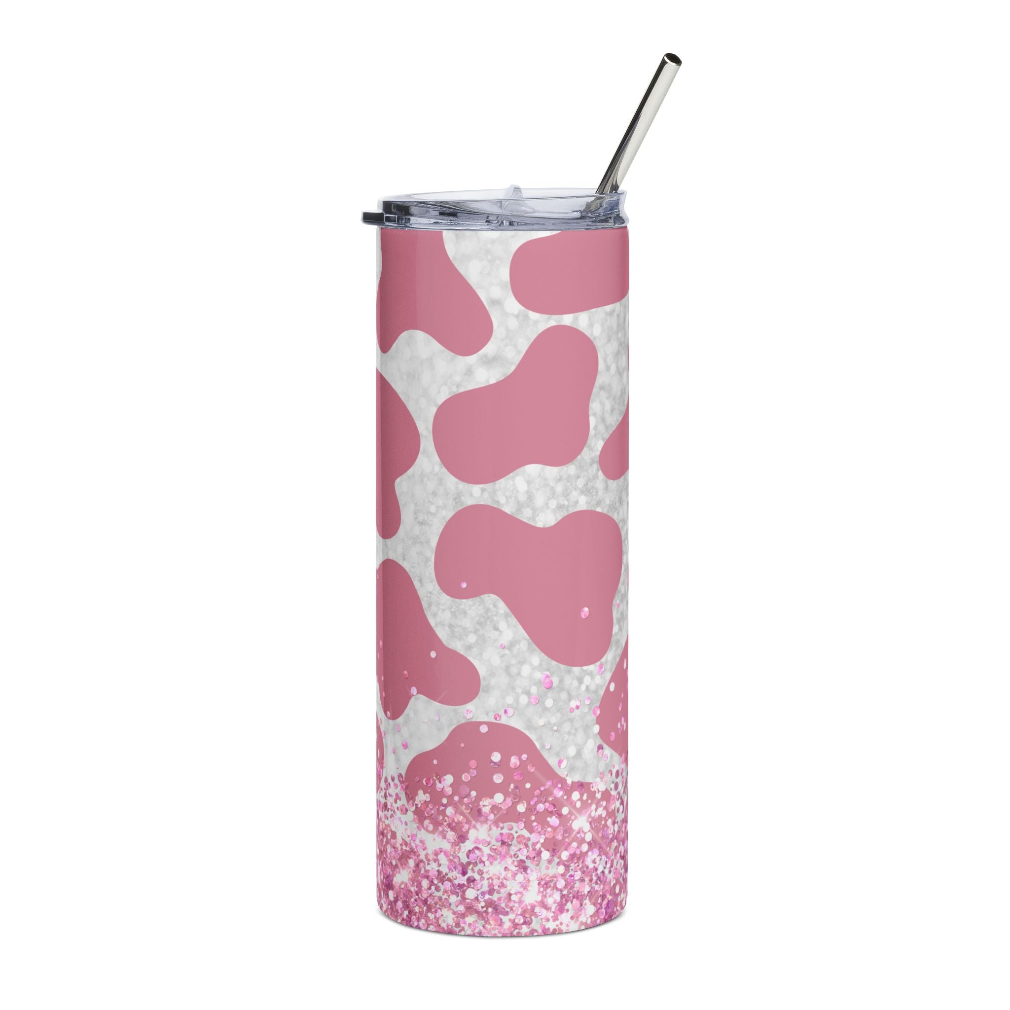 Pink Cow Print Stainless Steel Tumbler | 20oz Glitter Accent