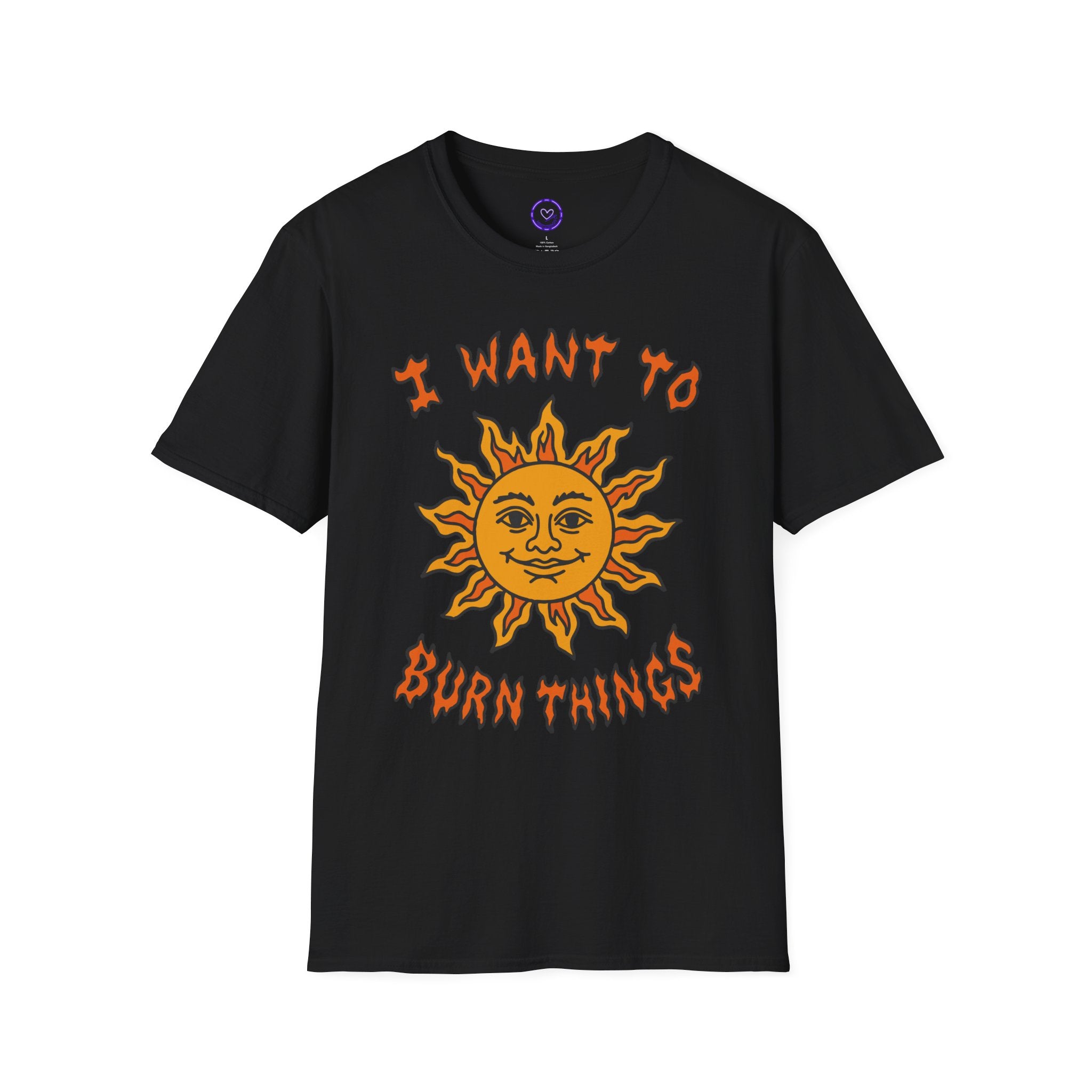 I Want To Burn Things Sun Graphic T-Shirt | Retro Smiling Sun Illustration