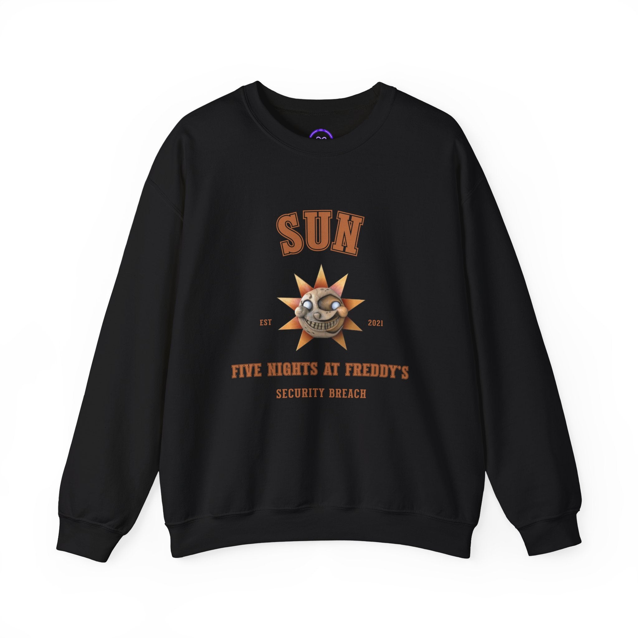 FNAF 5NAF Five Nights At Freddys Varsity Sun Security Breach Skull Graphic Crewneck Sweatshirt | Retro Horror Arcade