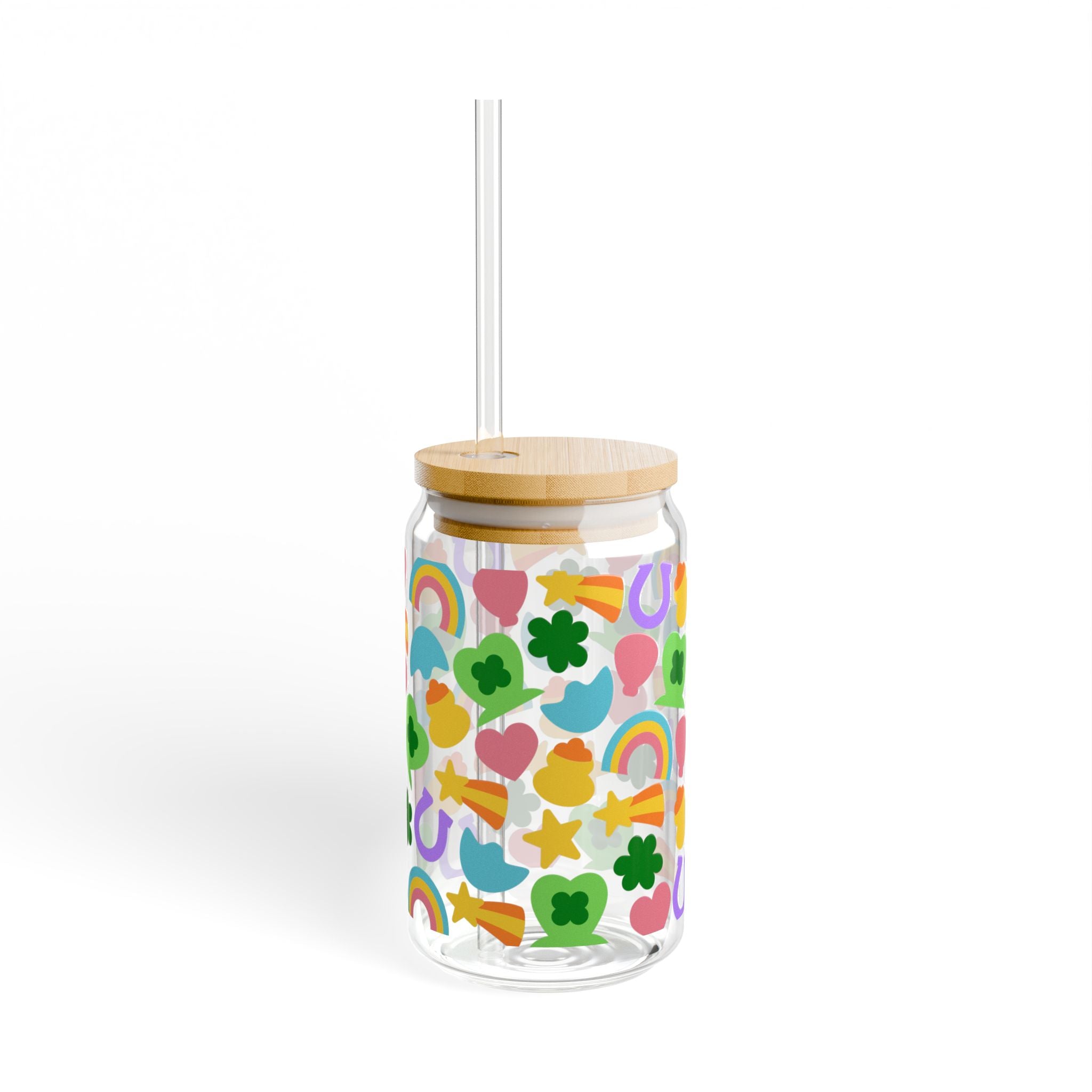 16oz Rainbow Lucky Sipper Glass – Reusable Straw Tumbler with Rainbows, Hearts & Clovers