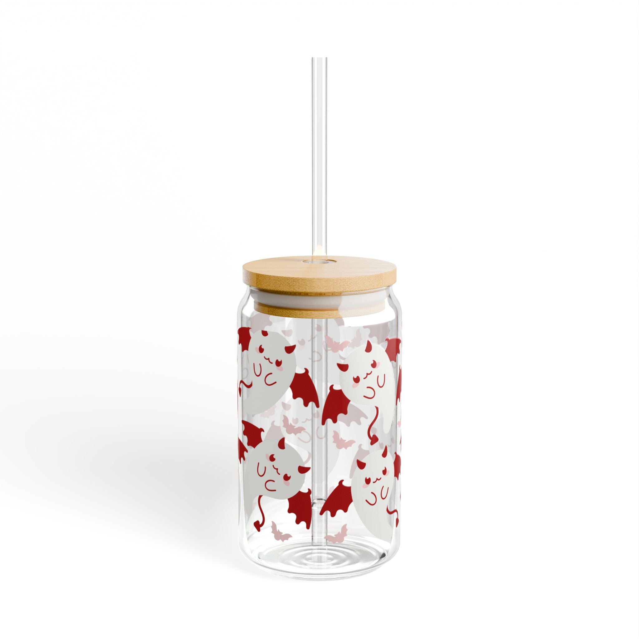 16oz Glass Sipper with Cute Ghosts in Santa Hats – Holiday Christmas Drink Tumbler