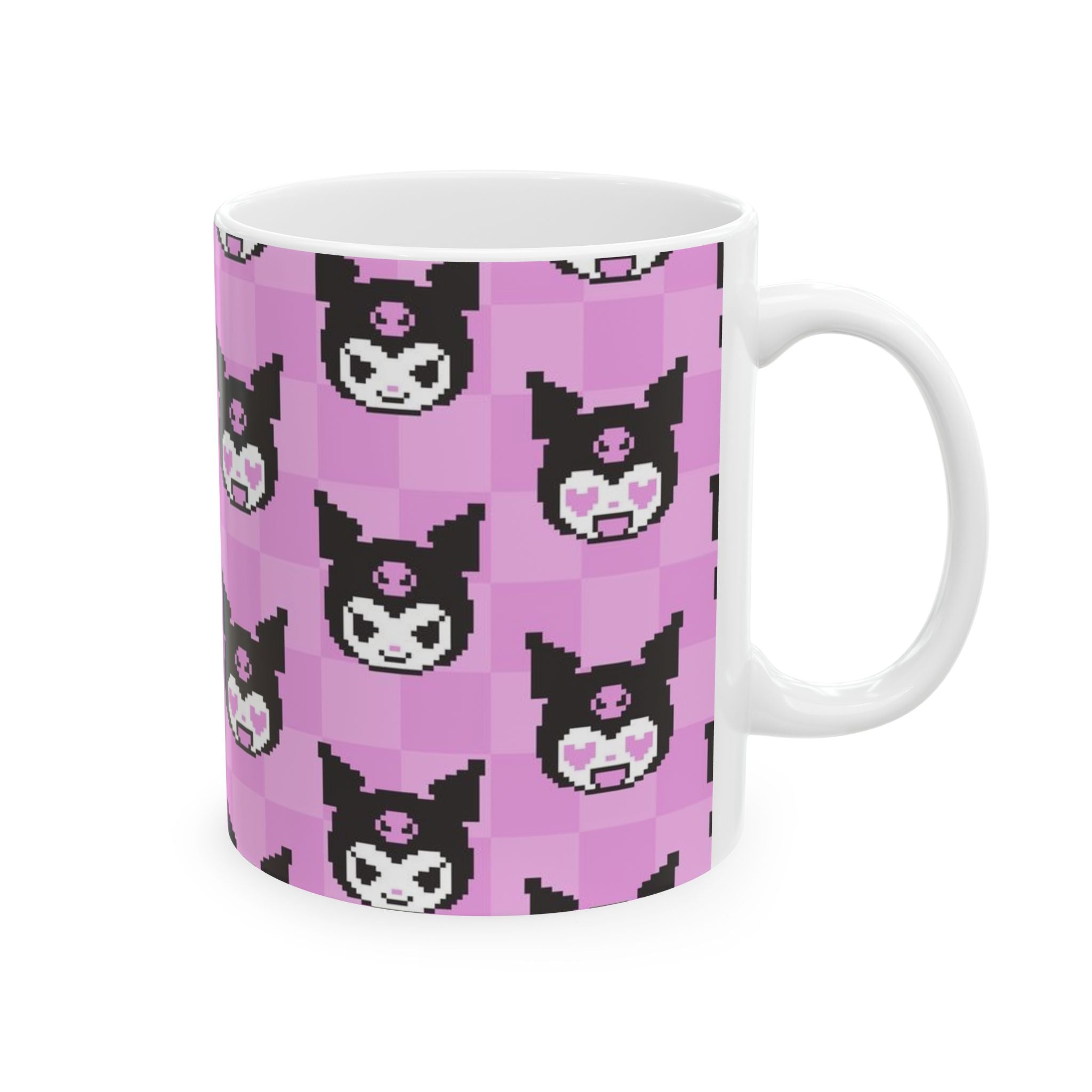 Kuromi Sanrio Pixel Kawaii Bat Pattern Mug | Pink Checker Ceramic Mug