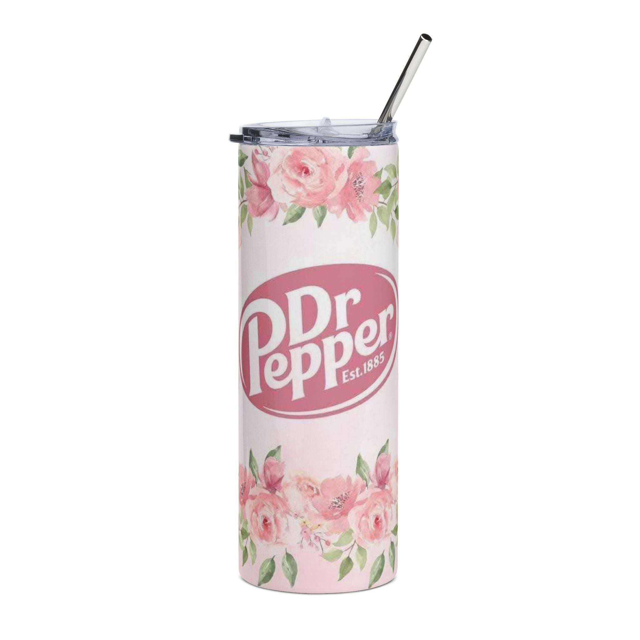 Coquette Pastel Pink Floral Dr Pepper Logo Tumbler | 20oz Stainless Steel