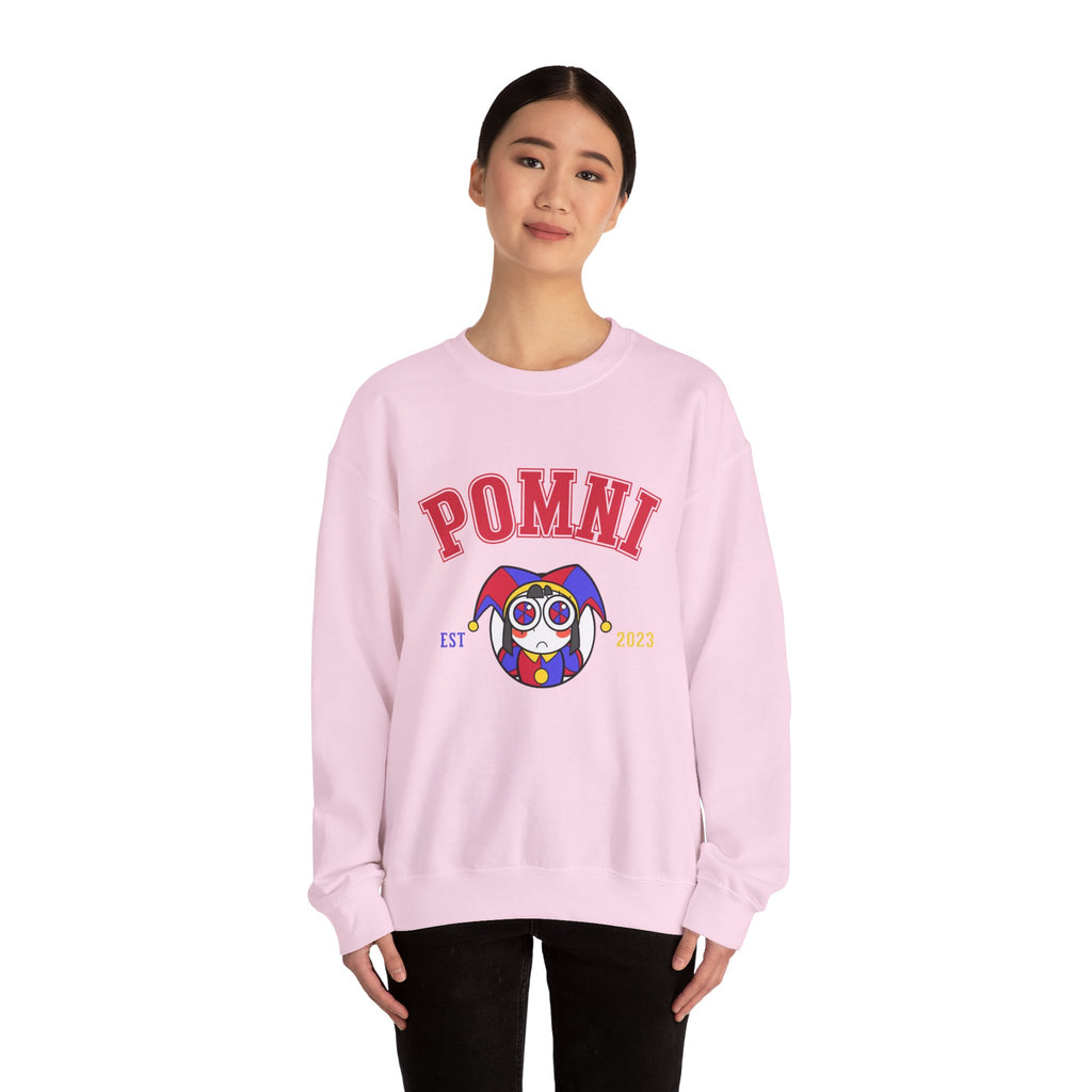 Pomni The Amazing Digital Circus Varsity Jester Character Crewneck Sweatshirt | Cartoon Clown Logo