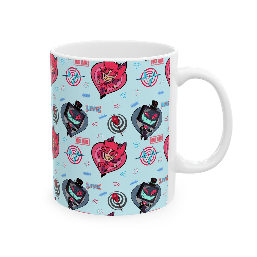 Hazbin Hotel Alastor Vox Radiostatic Hellaverse Cute Cartoon Cat and Robot Pattern Mug | Blue All-Over Print Ceramic Mug