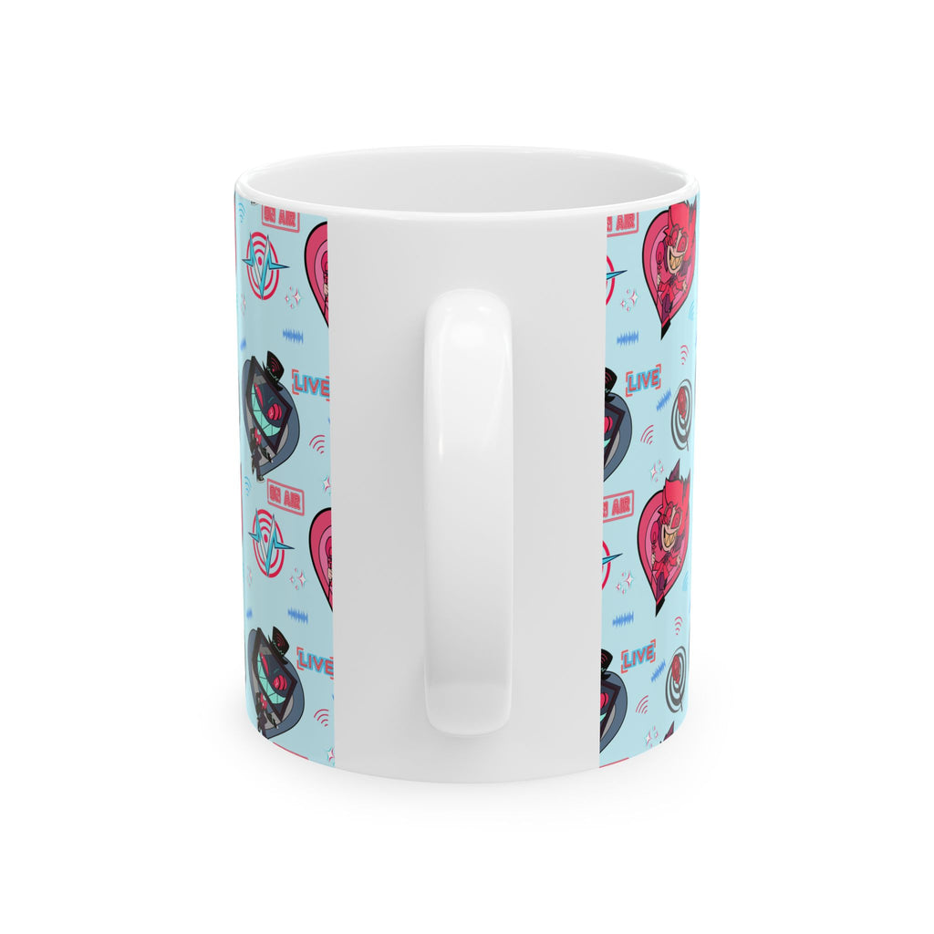 Hazbin Hotel Alastor Vox Radiostatic Hellaverse Cute Cartoon Cat and Robot Pattern Mug | Blue All-Over Print Ceramic Mug
