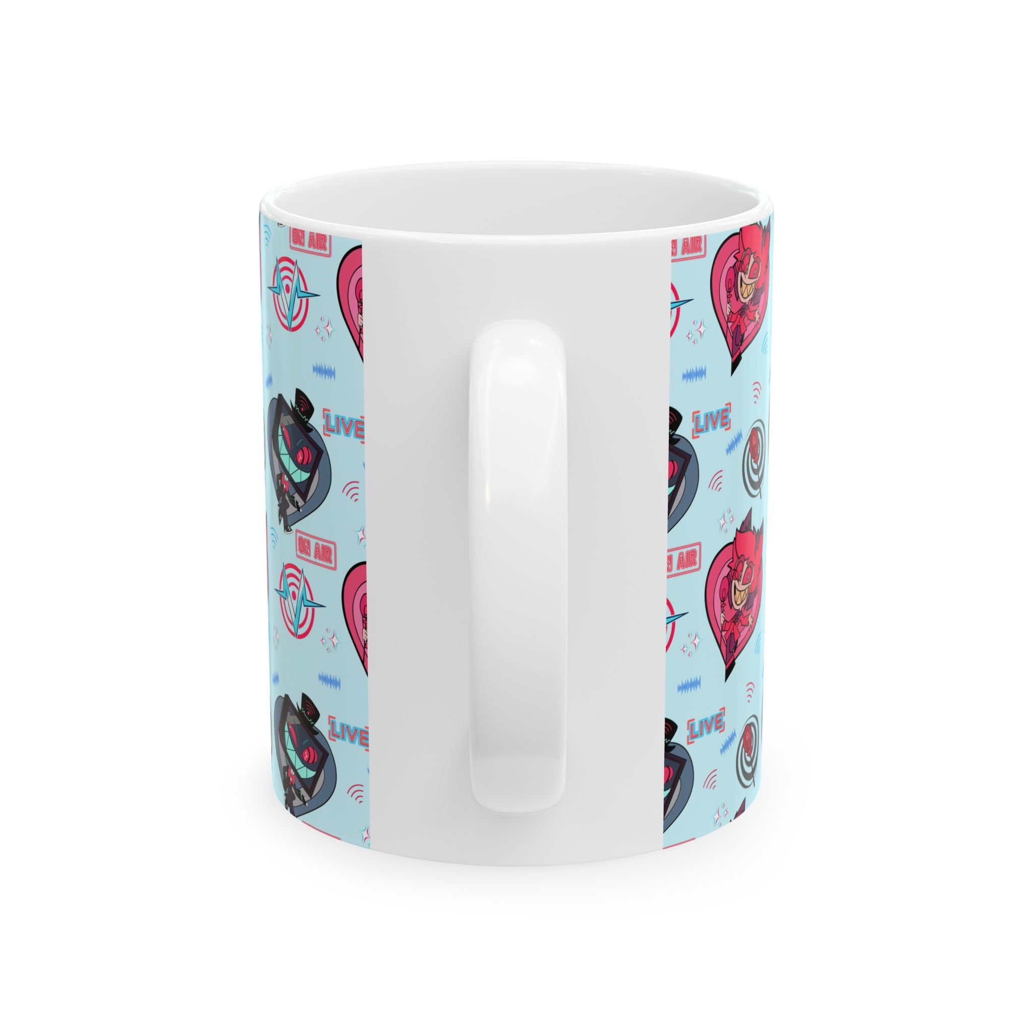 Hazbin Hotel Alastor Vox Radiostatic Hellaverse Cute Cartoon Cat and Robot Pattern Mug | Blue All-Over Print Ceramic Mug