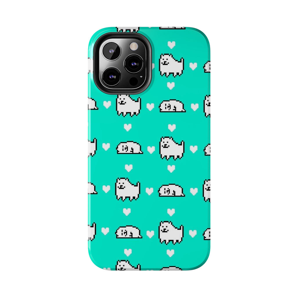 Undertale Cute Teal Kawaii Pixel Dog Pattern Phone Case | Cute Hearts Tough Phone Cases