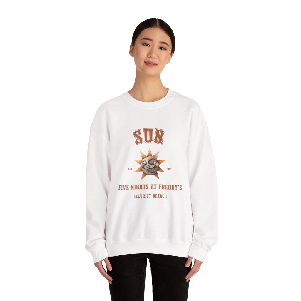 FNAF 5NAF Five Nights At Freddys Varsity Sun Security Breach Skull Graphic Crewneck Sweatshirt | Retro Horror Arcade