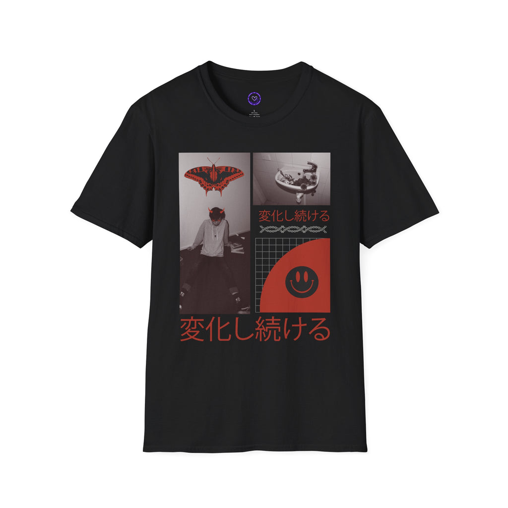 Red Black Cyberpunk Collage T-Shirt | Japanese Text, Smiley Face