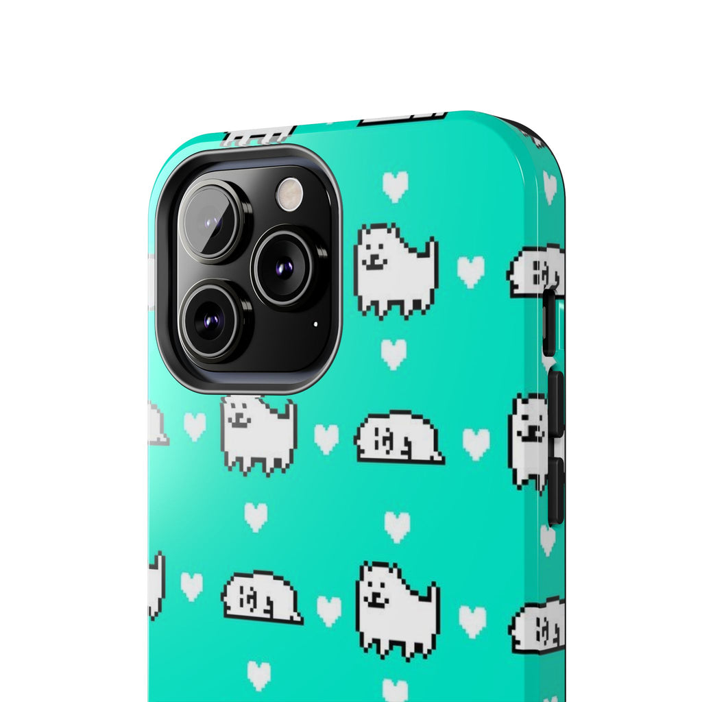 Undertale Cute Teal Kawaii Pixel Dog Pattern Phone Case | Cute Hearts Tough Phone Cases