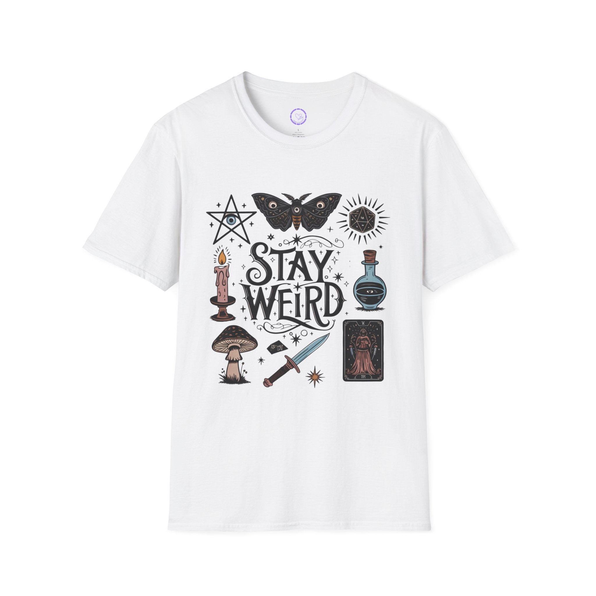 Stay Weird witchy symbols T-Shirt | moth, candle, potion, tarot art