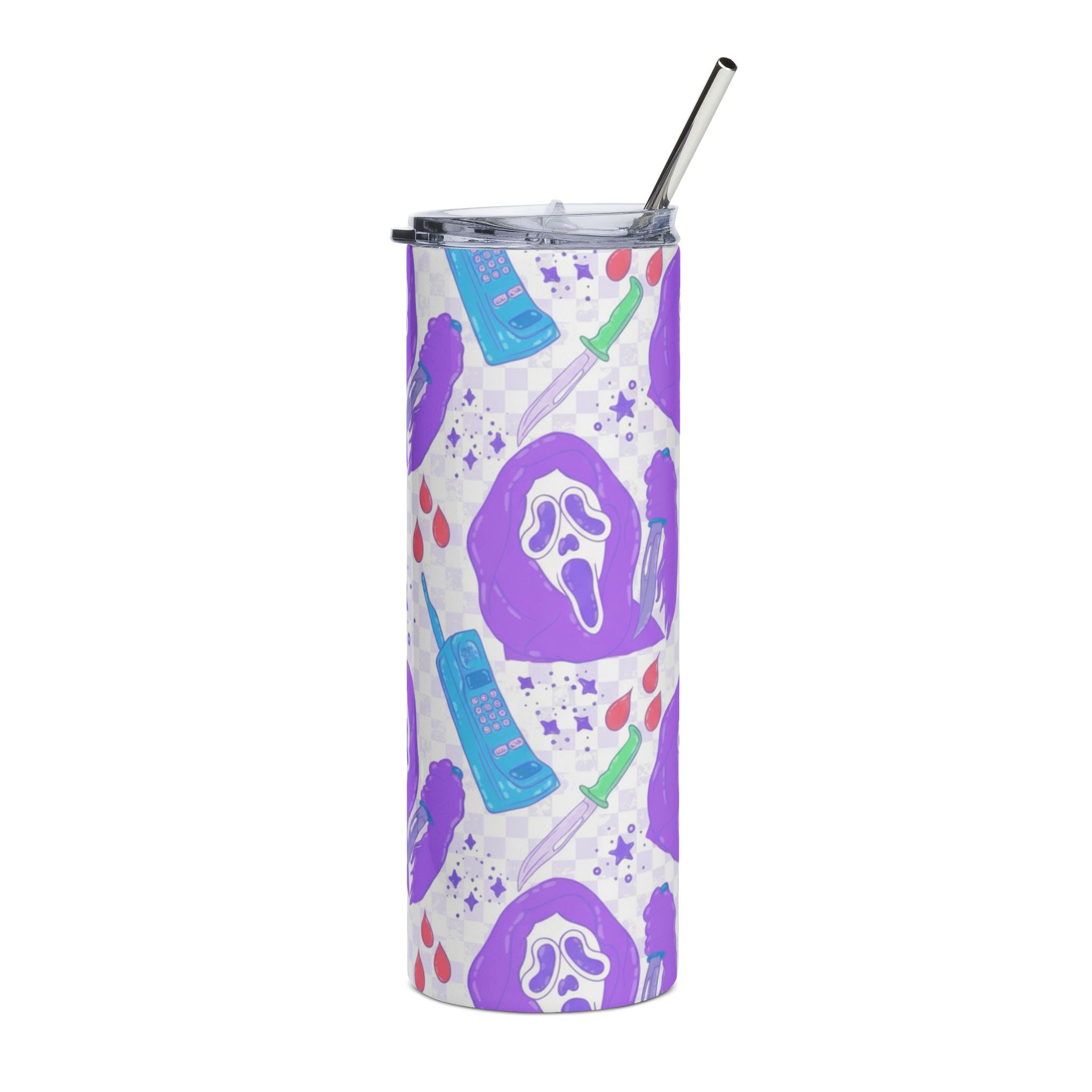 Ghostface Scream Mask Pattern Tumbler | Horror Skull Face, Blood Drops, Purple Aesthetic