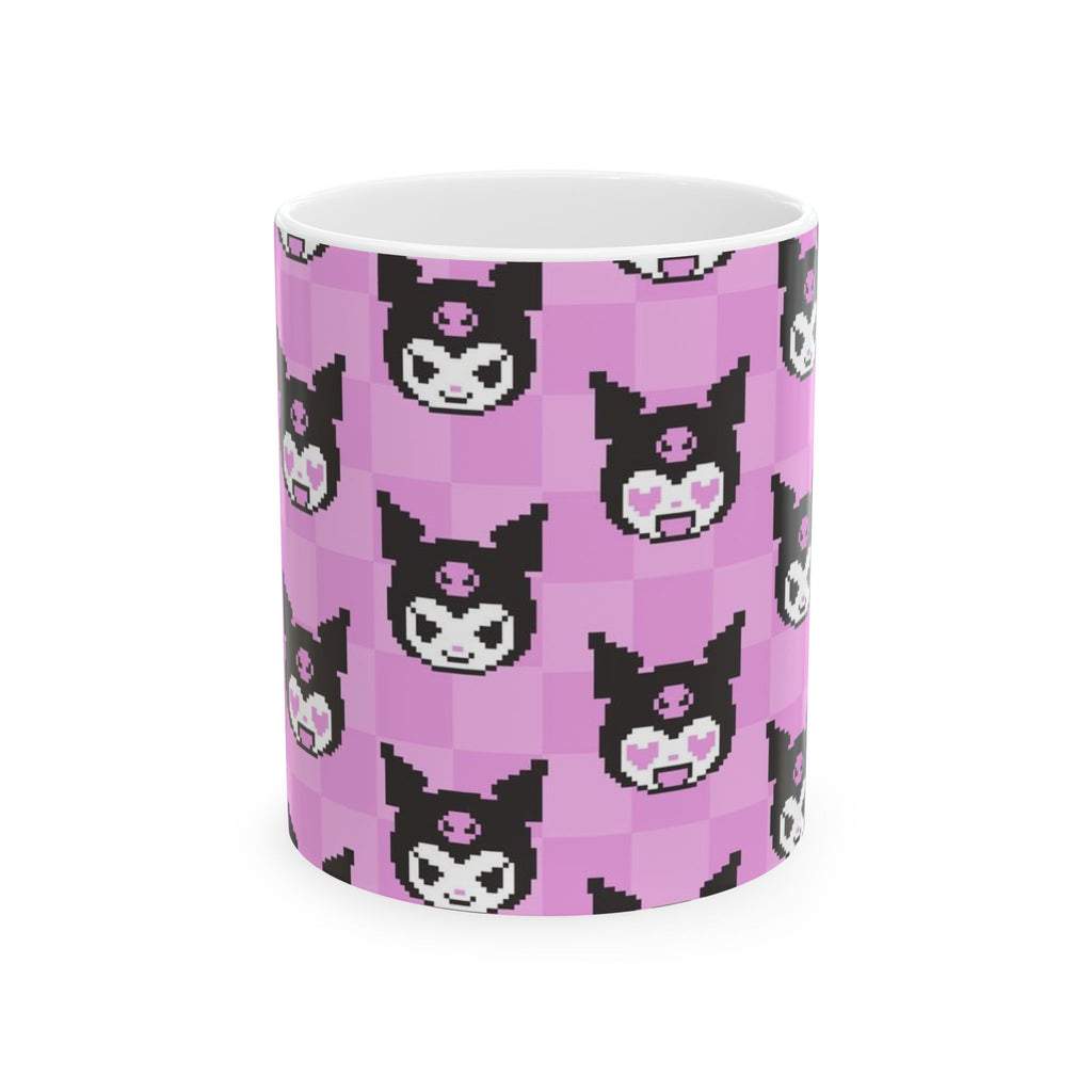 Kuromi Sanrio Pixel Kawaii Bat Pattern Mug | Pink Checker Ceramic Mug