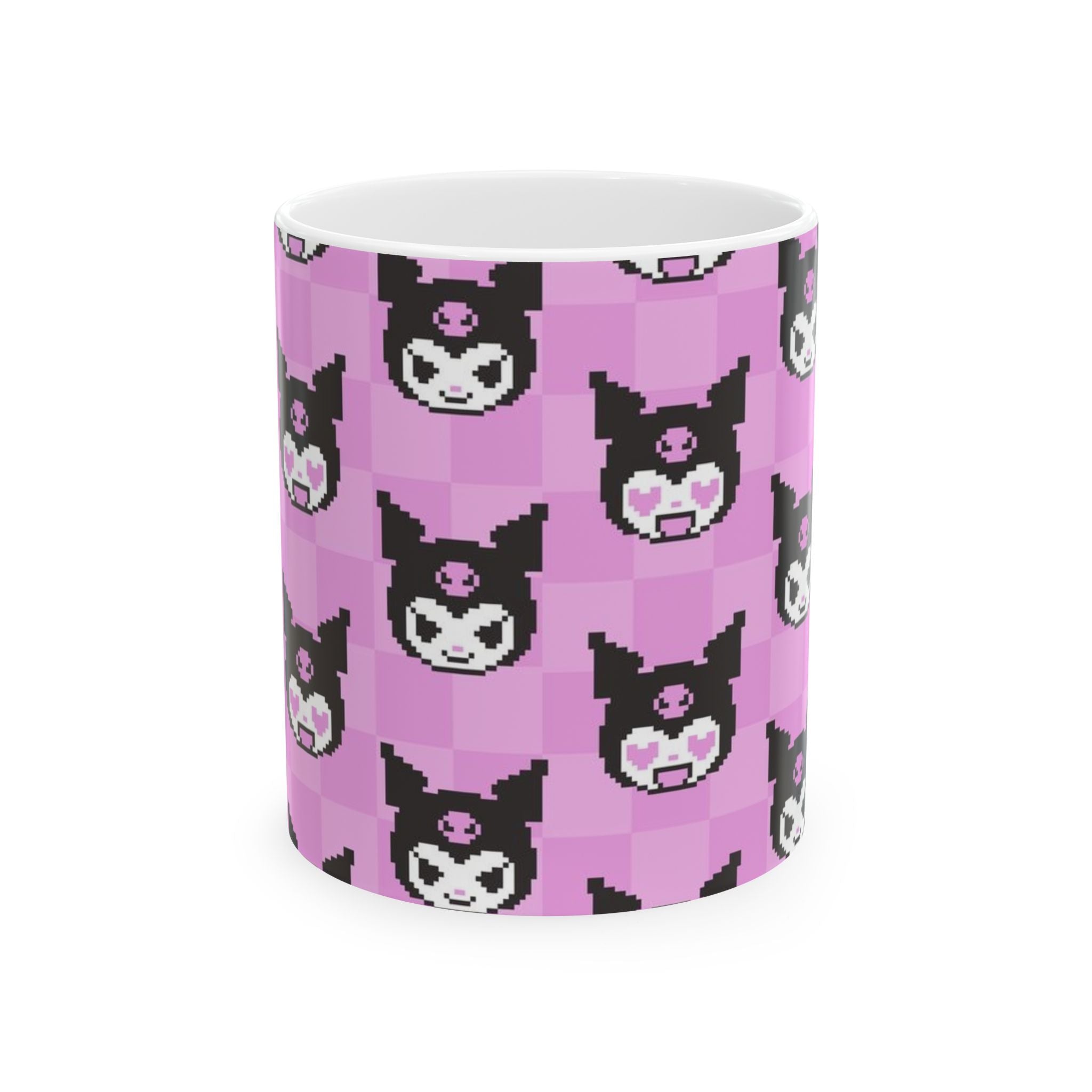Kuromi Sanrio Pixel Kawaii Bat Pattern Mug | Pink Checker Ceramic Mug