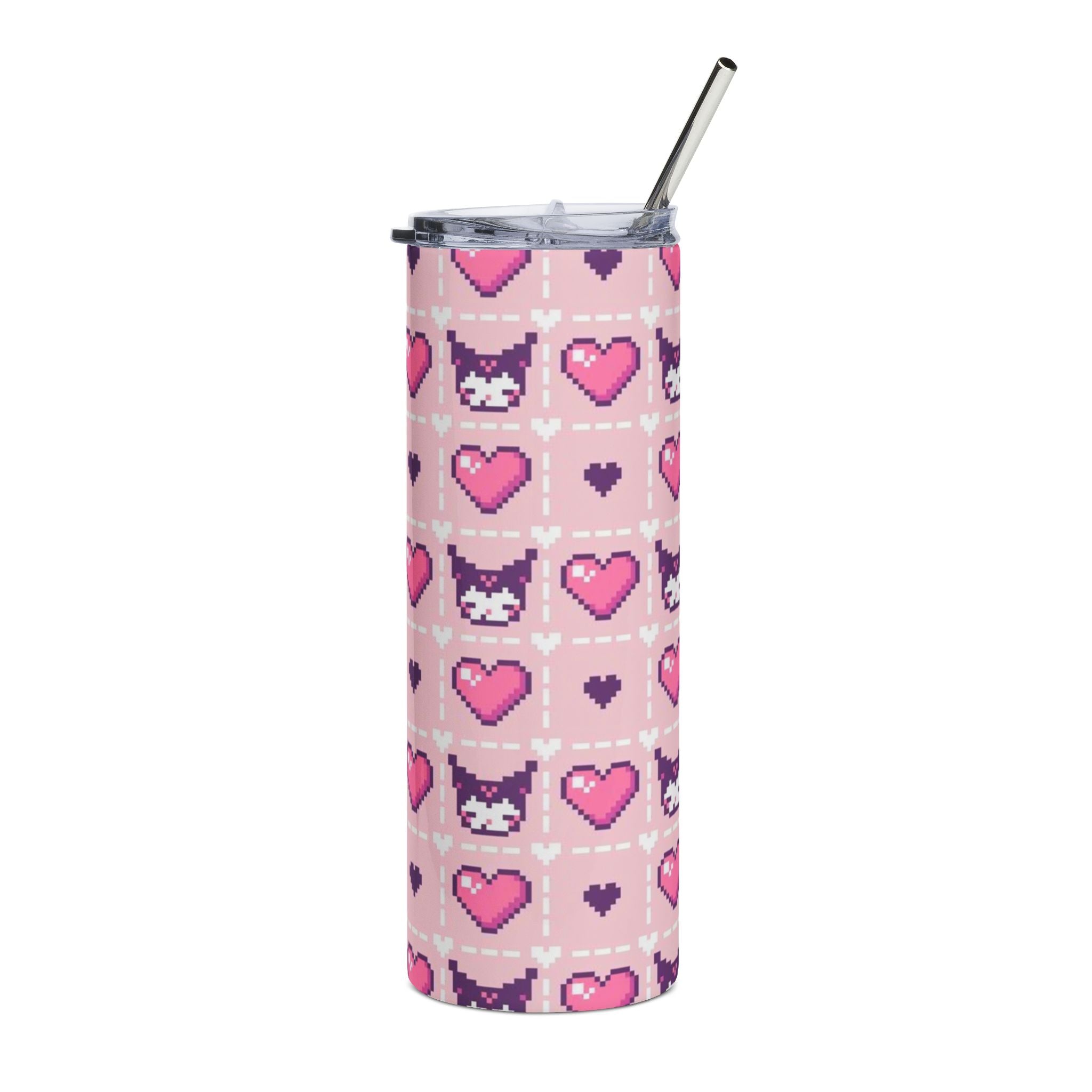 Kuromi Pink Sanrio Pixel Cat Hearts Stainless Steel Tumbler, 20oz