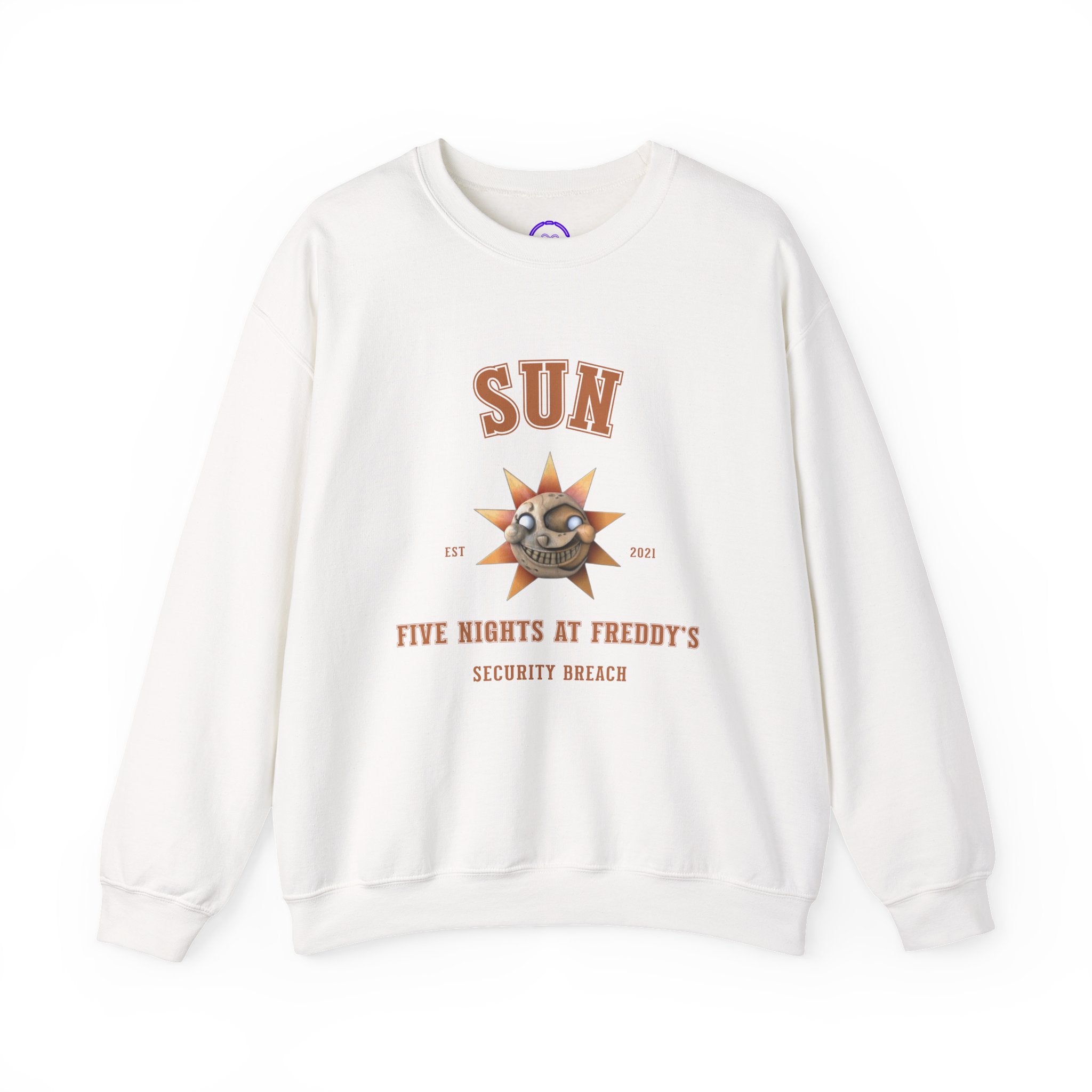FNAF 5NAF Five Nights At Freddys Varsity Sun Security Breach Skull Graphic Crewneck Sweatshirt | Retro Horror Arcade