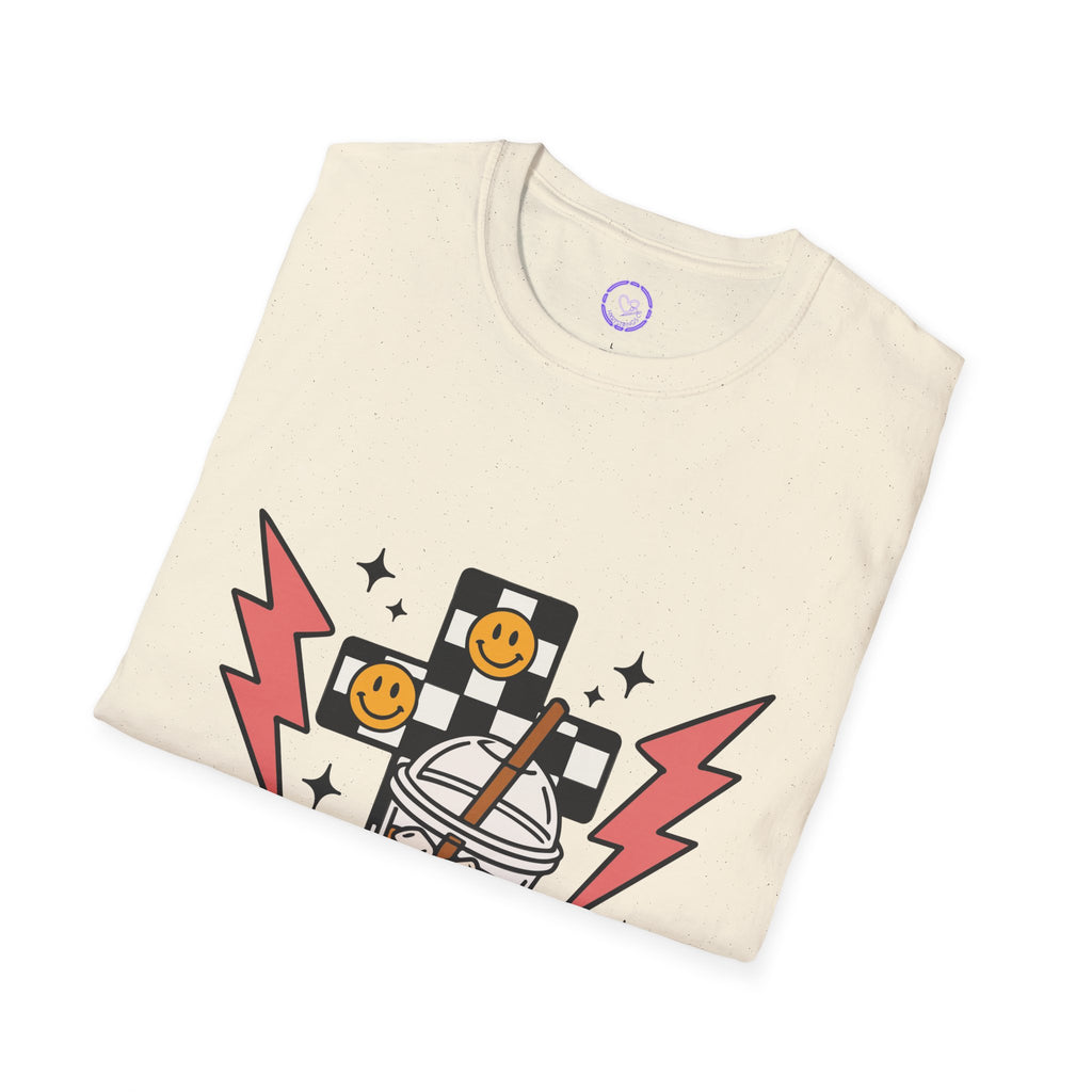 Iced Coffee Cartoon Lightning T-Shirt | Smile Pixels, Retro Beverage