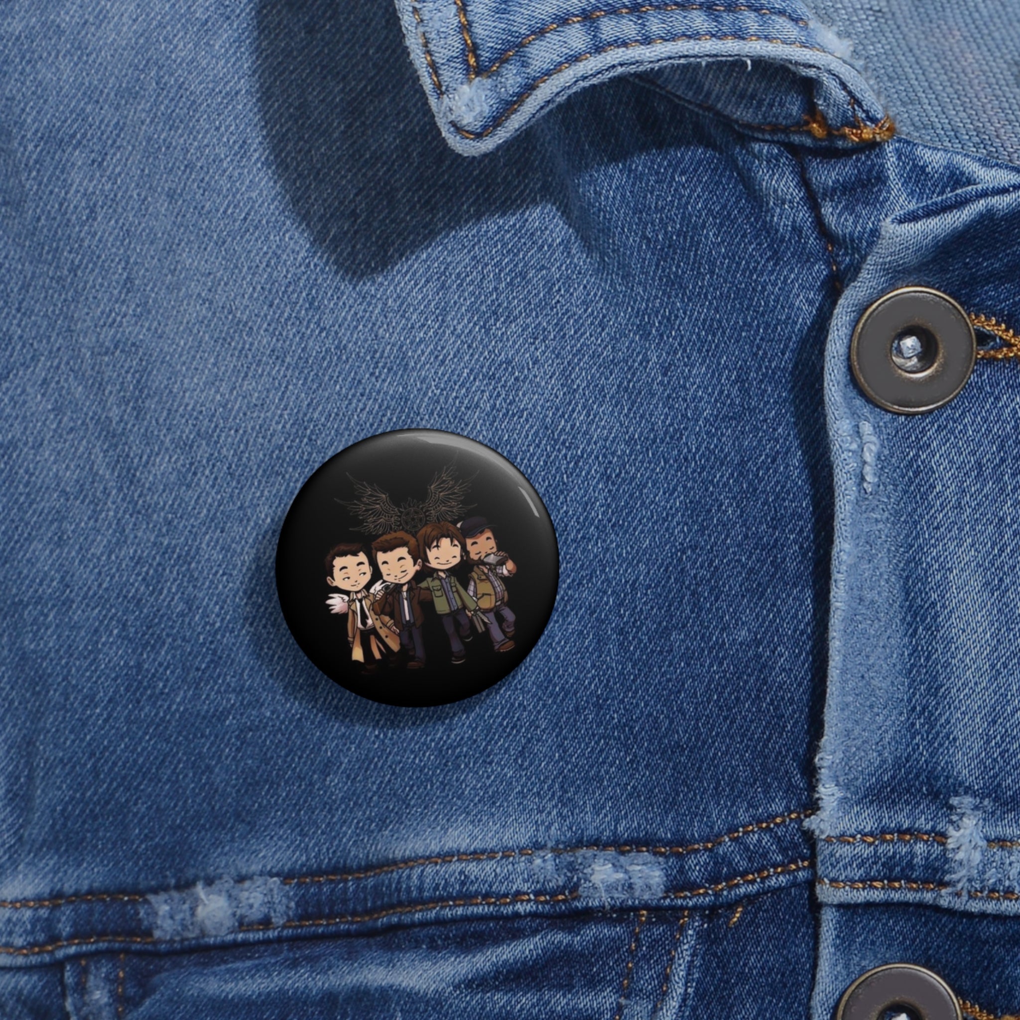 Supernatural Winchesters Chibi Hunters Illustration Pin Button | Round Enamel Badge