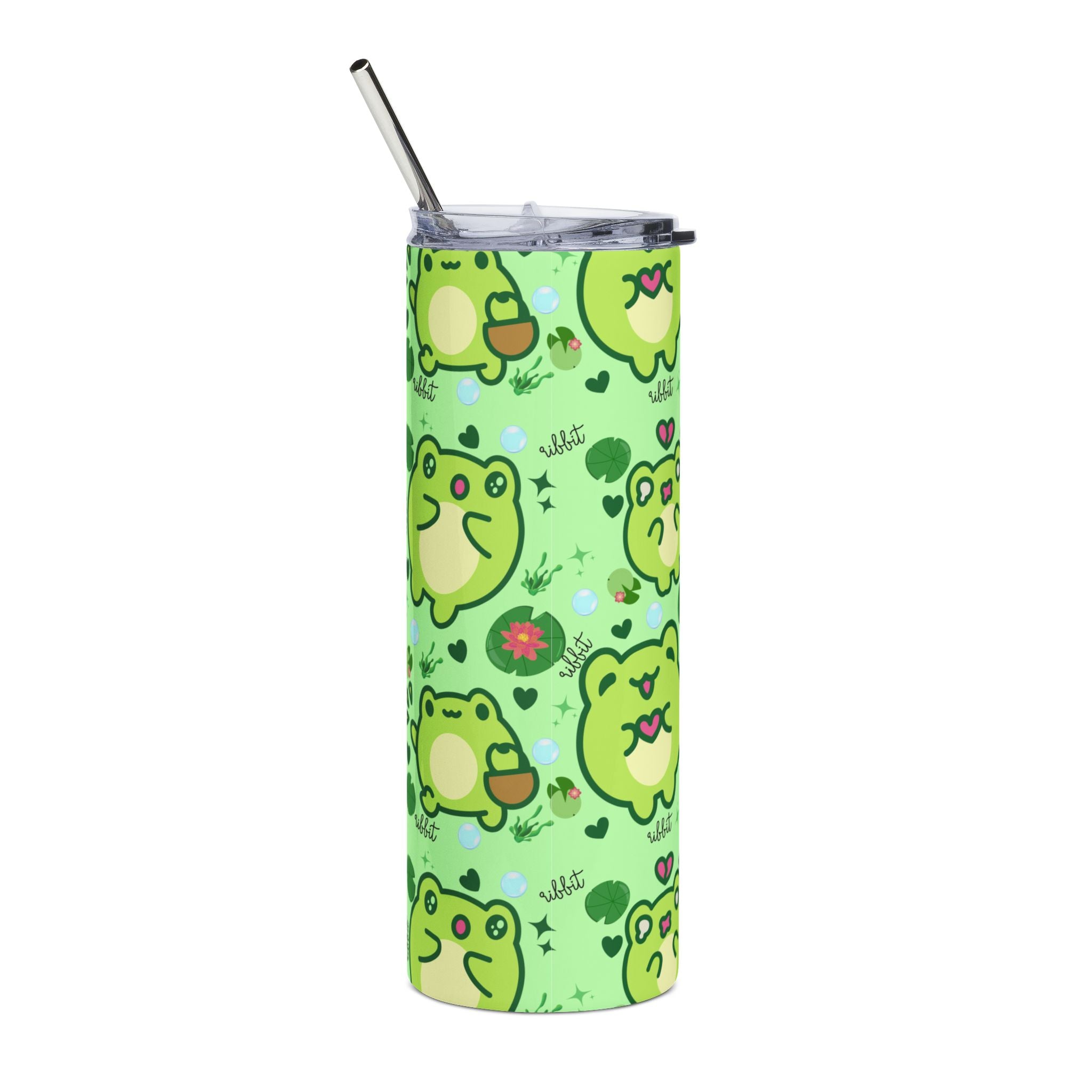 Cute Green Kawaii Frog Pattern Tumbler, 20oz Stainless Steel | Kawaii Frogcore Drinkware