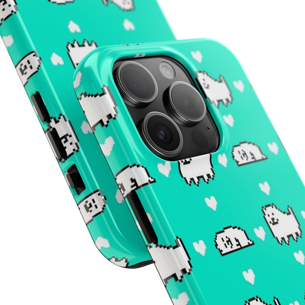 Undertale Cute Teal Kawaii Pixel Dog Pattern Phone Case | Cute Hearts Tough Phone Cases