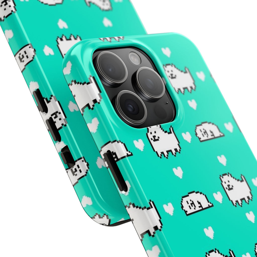 Undertale Cute Teal Kawaii Pixel Dog Pattern Phone Case | Cute Hearts Tough Phone Cases
