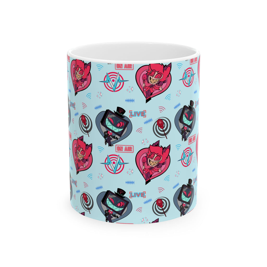 Hazbin Hotel Alastor Vox Radiostatic Hellaverse Cute Cartoon Cat and Robot Pattern Mug | Blue All-Over Print Ceramic Mug