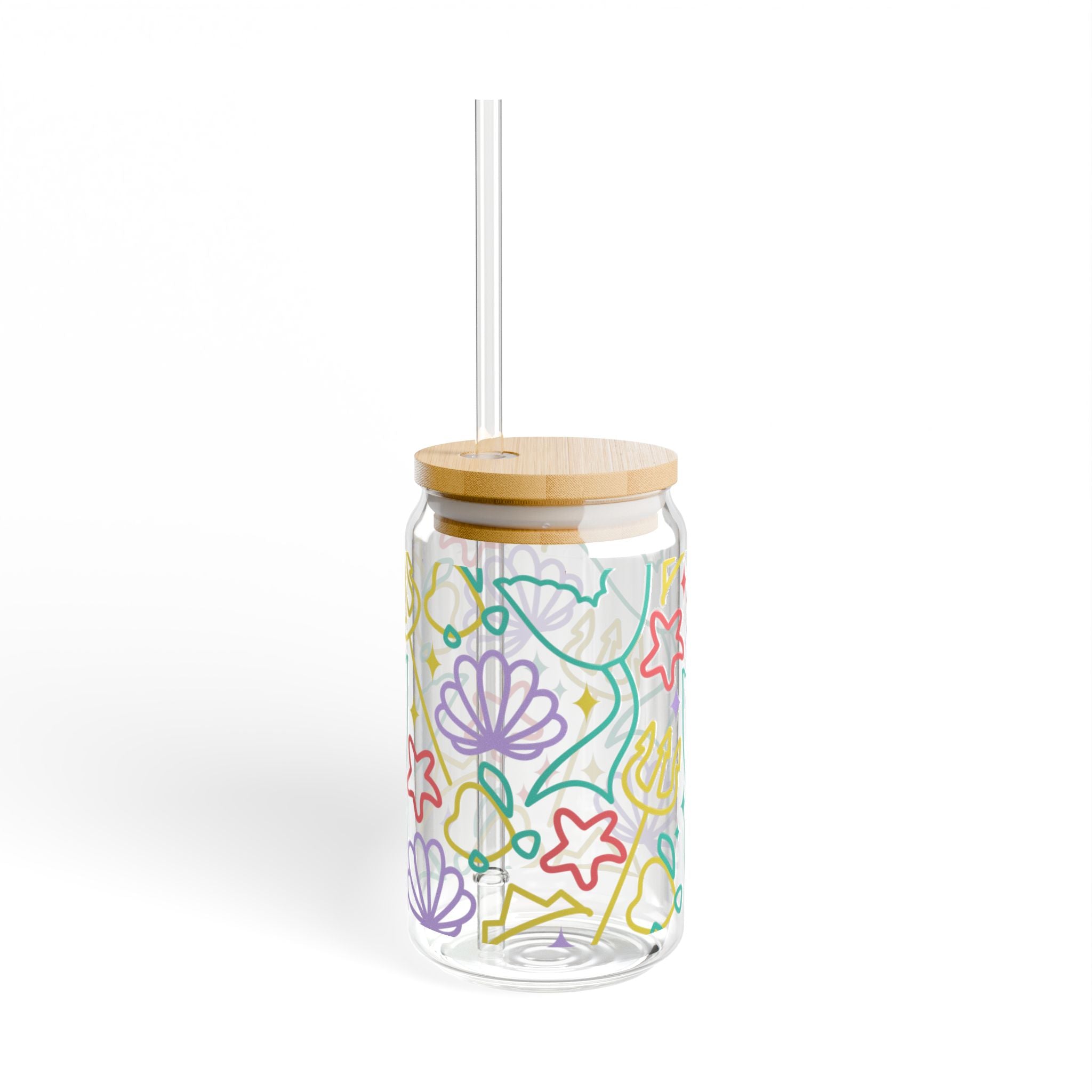 16oz Mermaid Floral Sipper Glass with Bamboo Lid & Straw — Cute Pastel Beach Vibes
