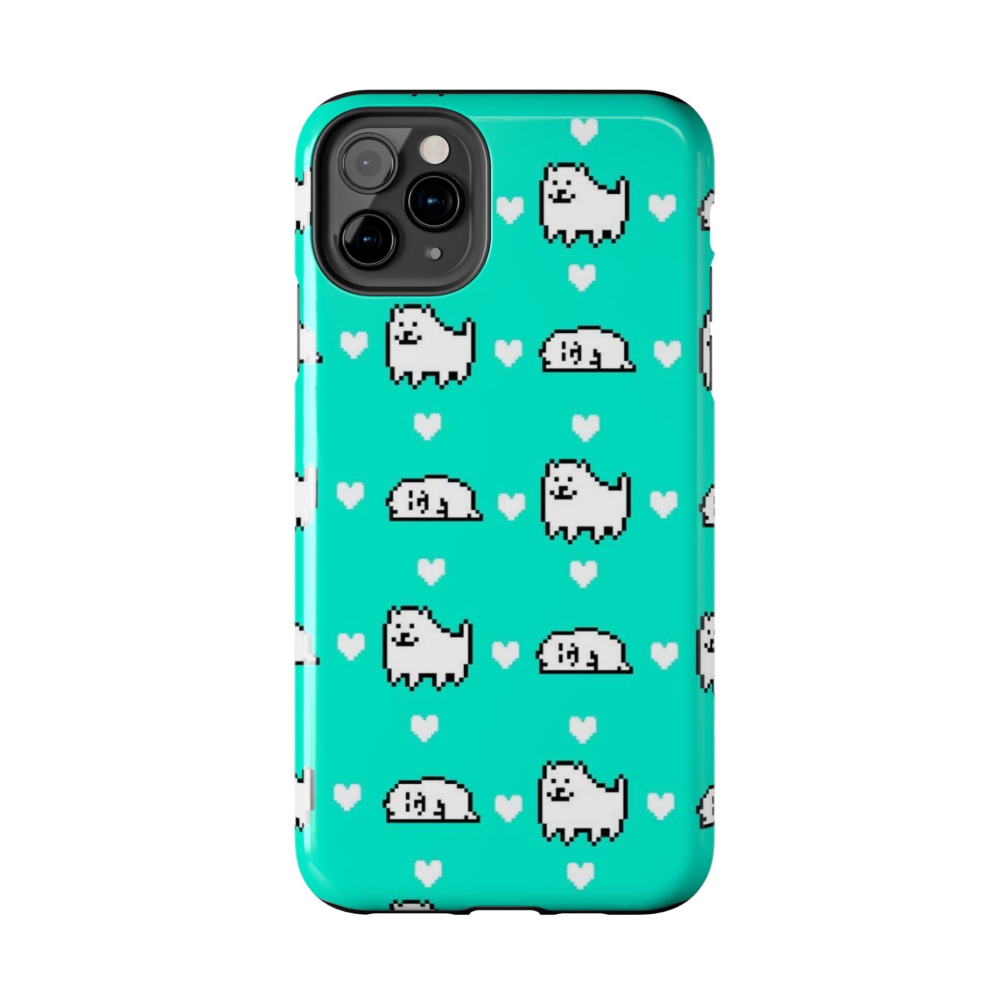 Undertale Cute Teal Kawaii Pixel Dog Pattern Phone Case | Cute Hearts Tough Phone Cases