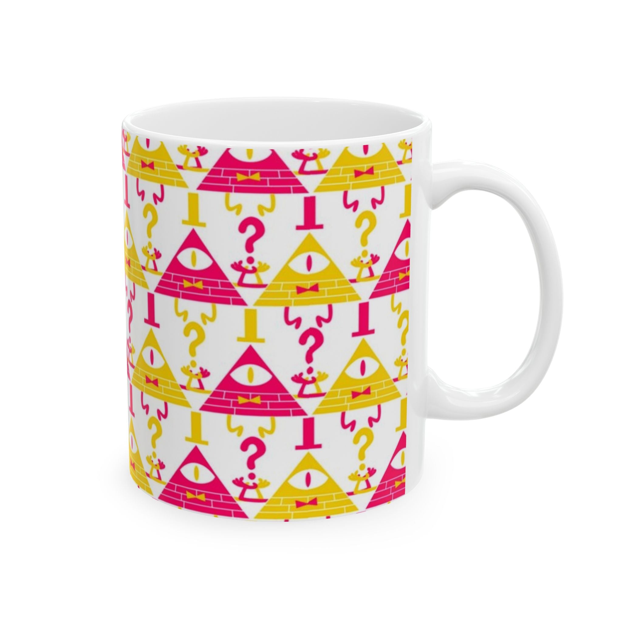 Gravity Falls Bill Cipher Mystery Triangle Pattern Mug | Colorful Eye & Question Mark Design