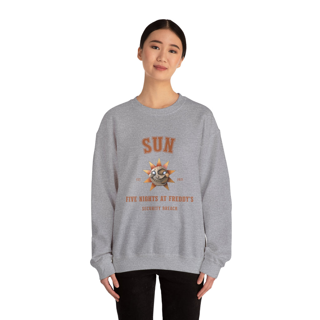 FNAF 5NAF Five Nights At Freddys Varsity Sun Security Breach Skull Graphic Crewneck Sweatshirt | Retro Horror Arcade
