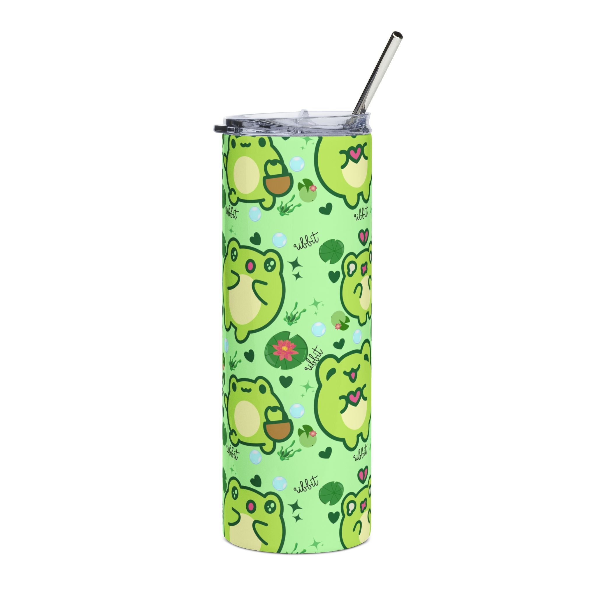 Cute Green Kawaii Frog Pattern Tumbler, 20oz Stainless Steel | Kawaii Frogcore Drinkware