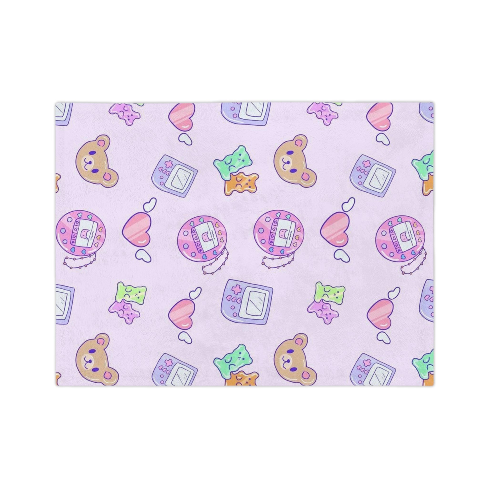 Kawaii Pastel Gamer Girl Tamagotchi & Bears Pattern Blanket | Velveteen Microfiber Throw