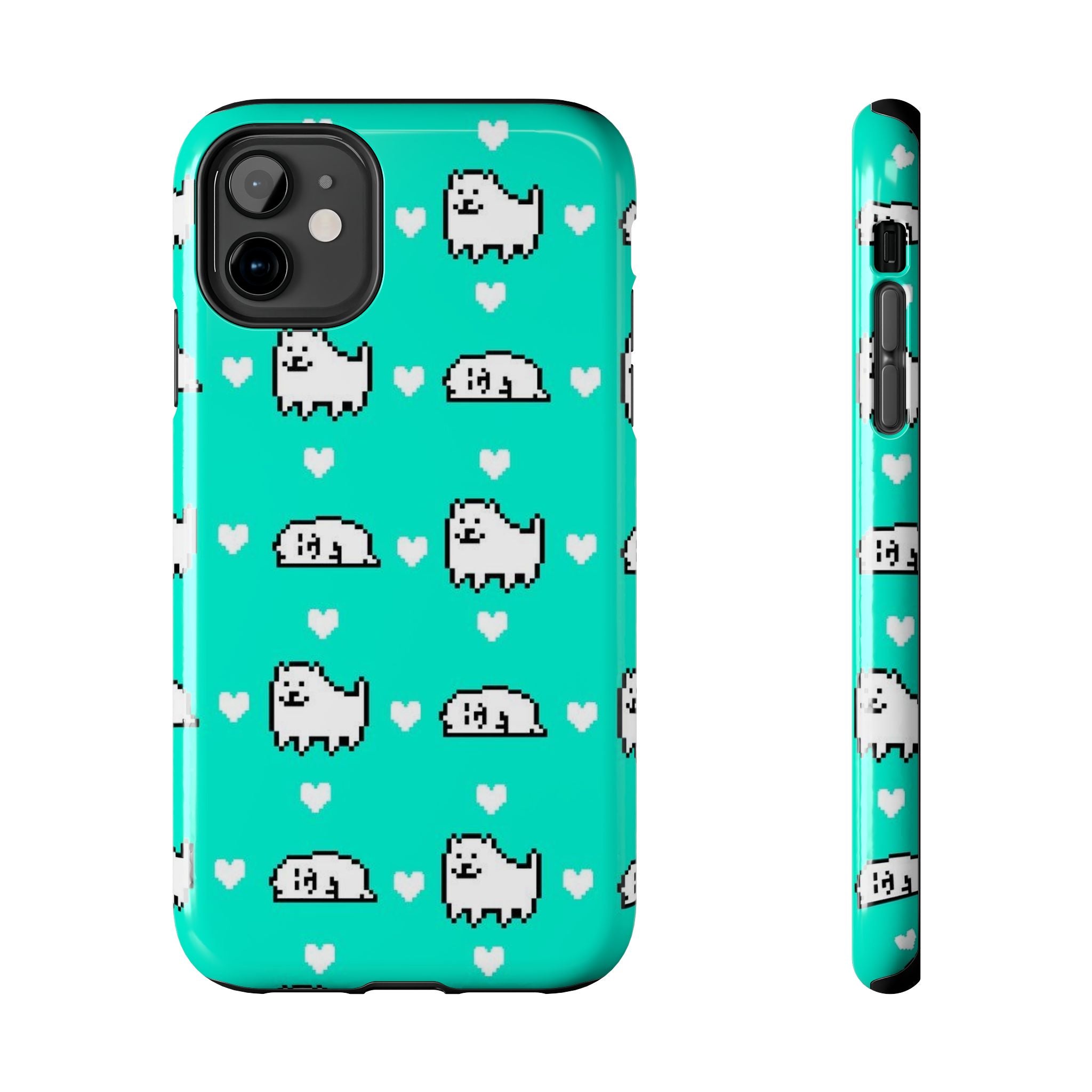 Undertale Cute Teal Kawaii Pixel Dog Pattern Phone Case | Cute Hearts Tough Phone Cases