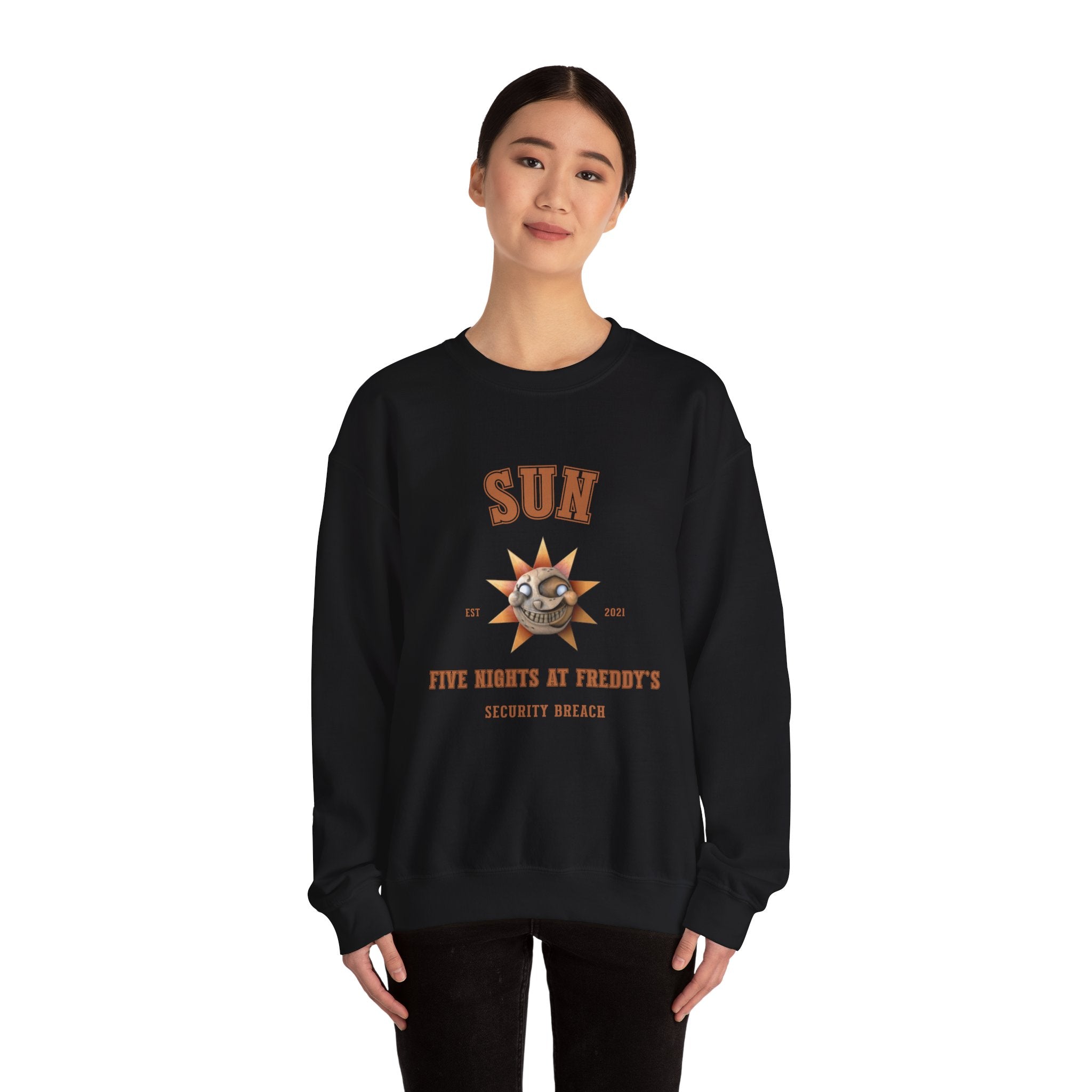 FNAF 5NAF Five Nights At Freddys Varsity Sun Security Breach Skull Graphic Crewneck Sweatshirt | Retro Horror Arcade