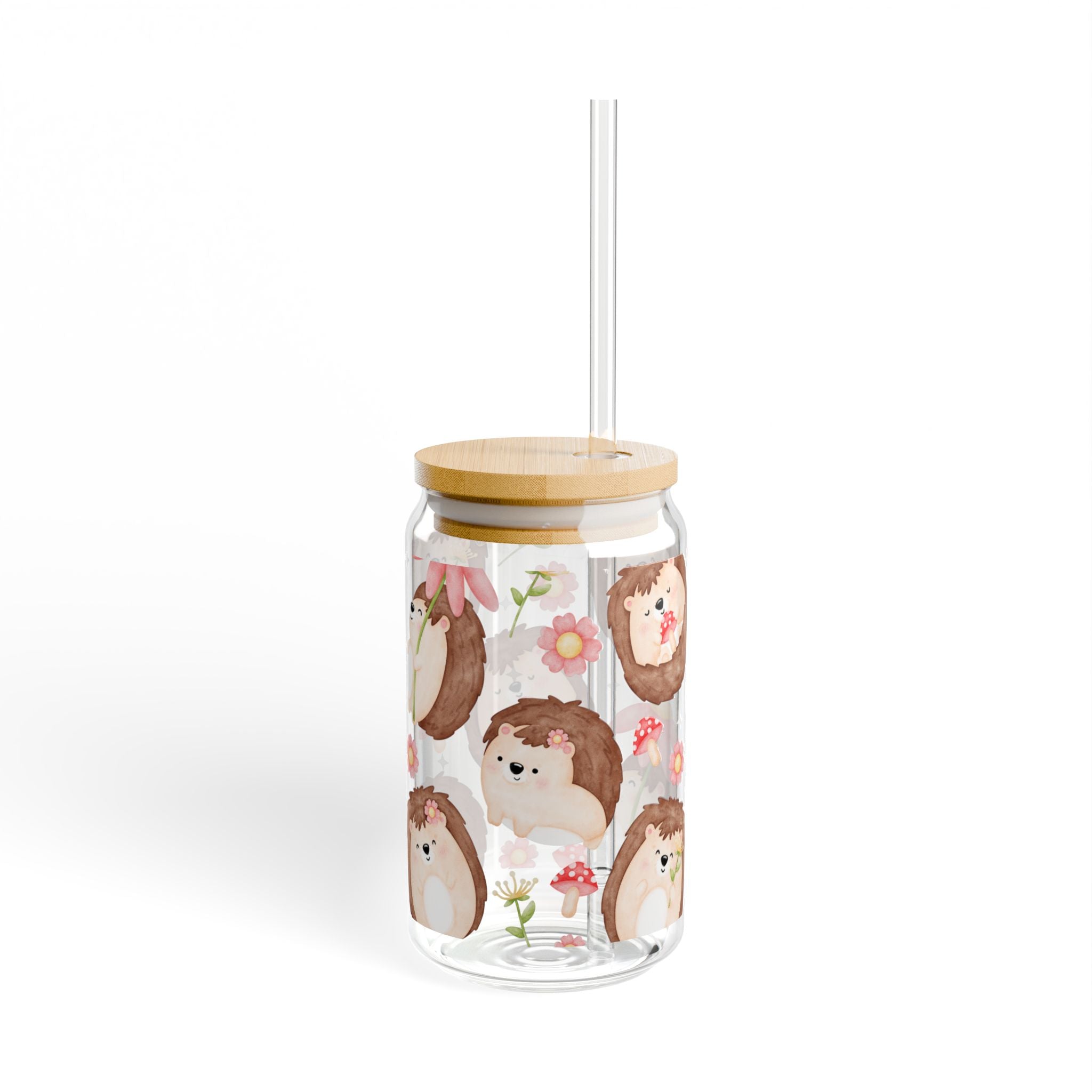 Watercolor Aesthetic Libbey Glass Hedgehog Pattern Sipper Glass | 16oz Straw Tumbler