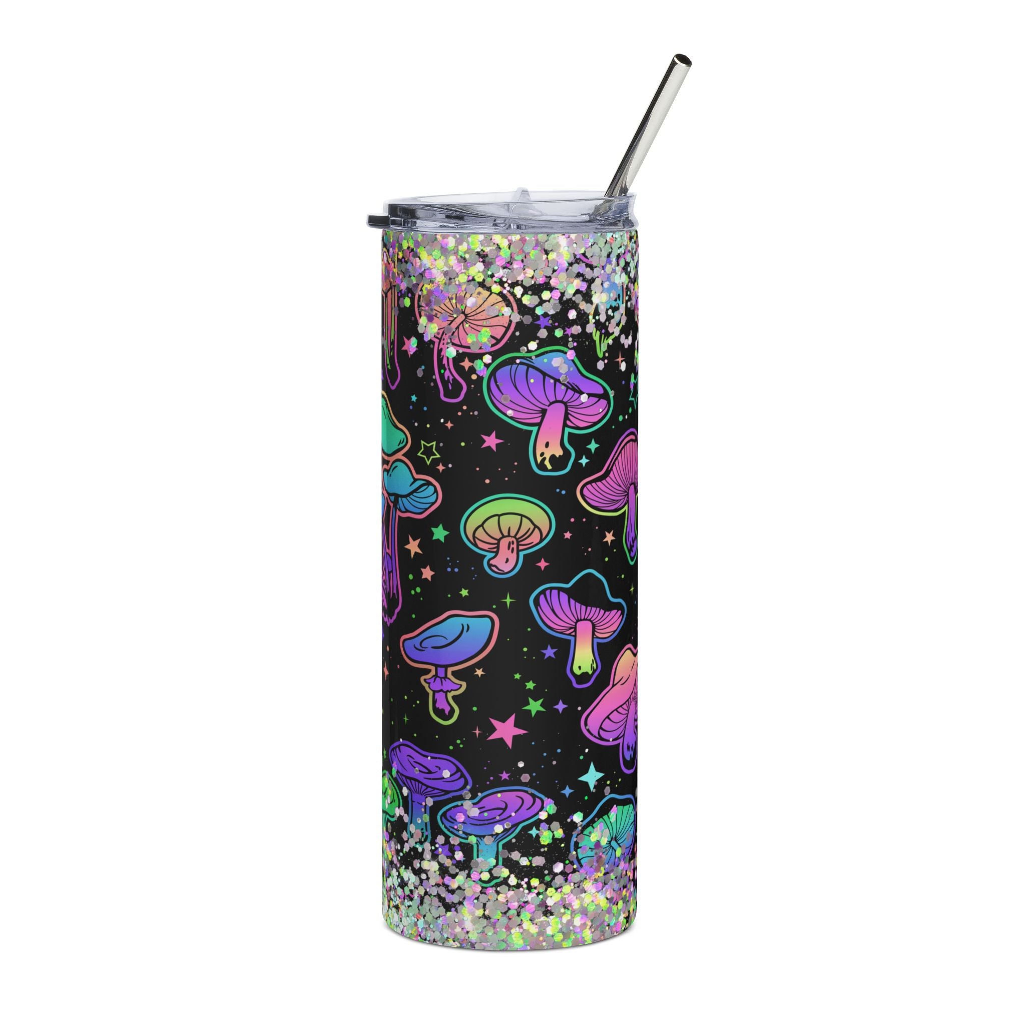 Neon Mushroom Glitter Psychedelic Aesthetic Gothic Pattern Stainless Steel Tumbler | 20oz