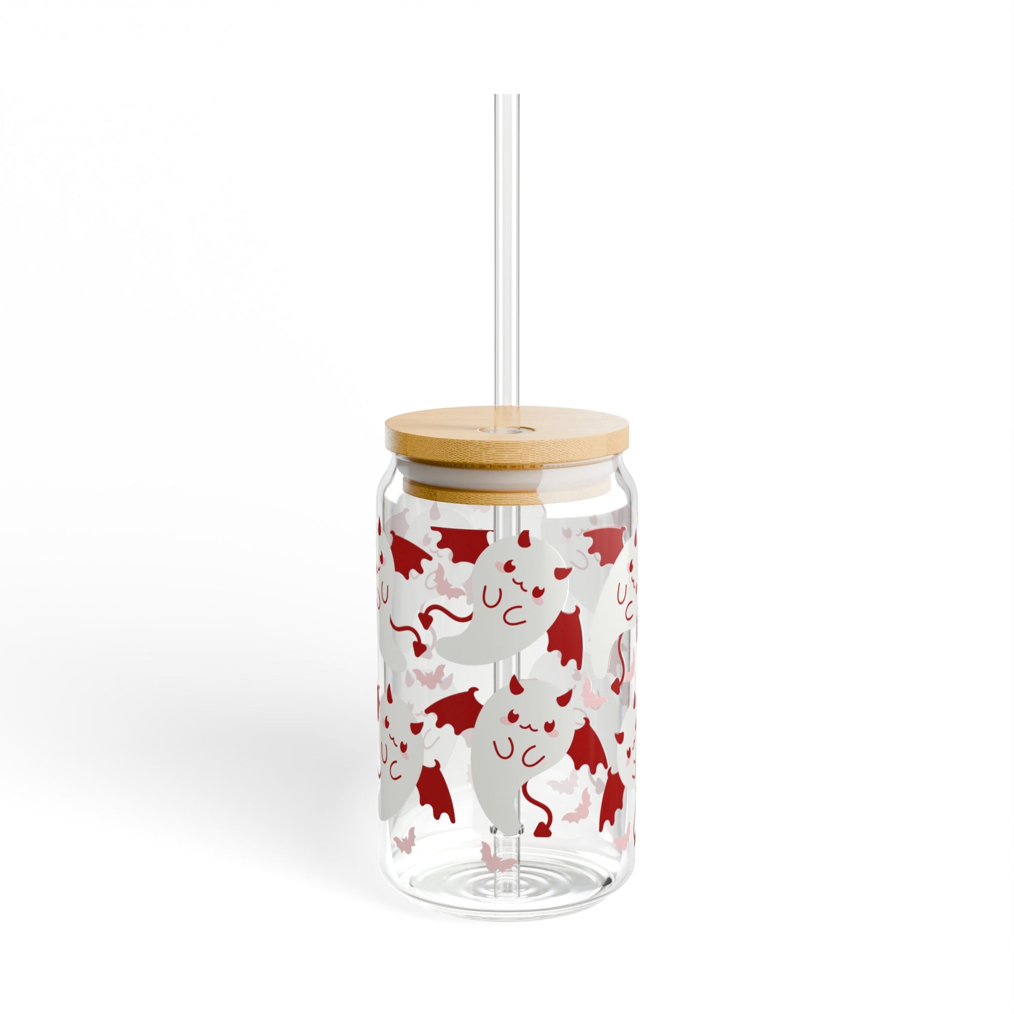 16oz Glass Sipper with Cute Ghosts in Santa Hats – Holiday Christmas Drink Tumbler