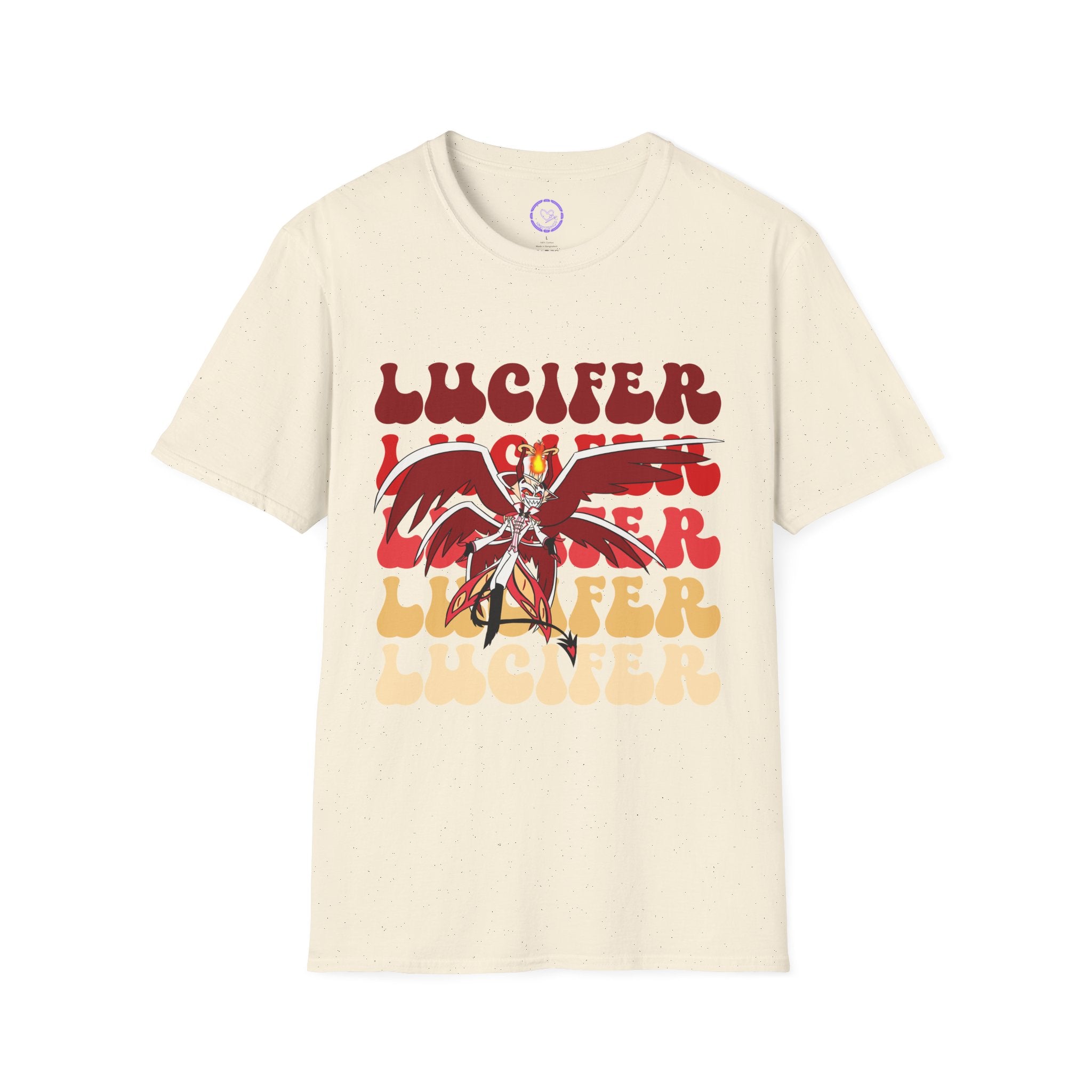 Lucifer Hazbin Hotel Demon Graphic T-Shirt | Retro Stacked Text, Red Yellow Illustration