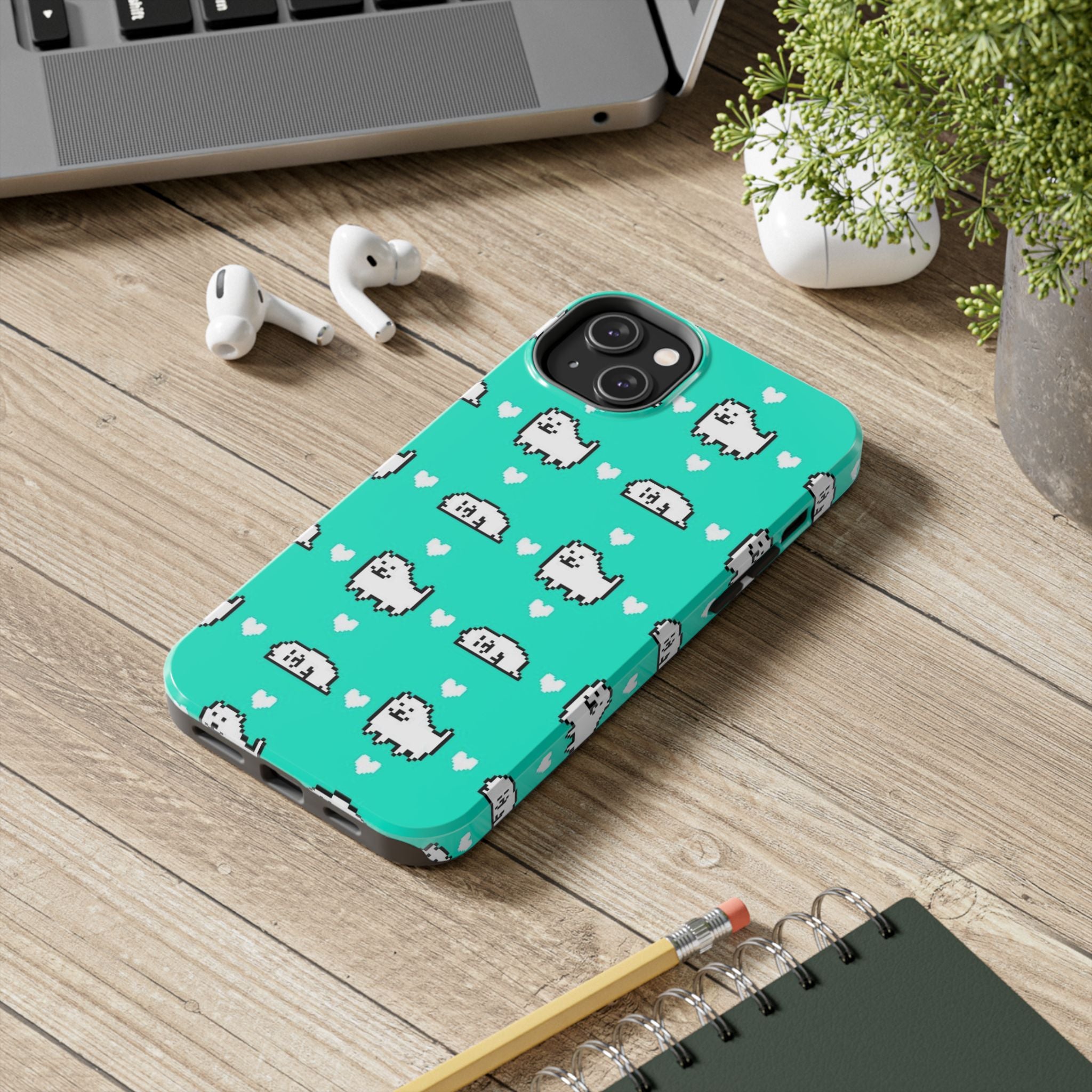 Undertale Cute Teal Kawaii Pixel Dog Pattern Phone Case | Cute Hearts Tough Phone Cases