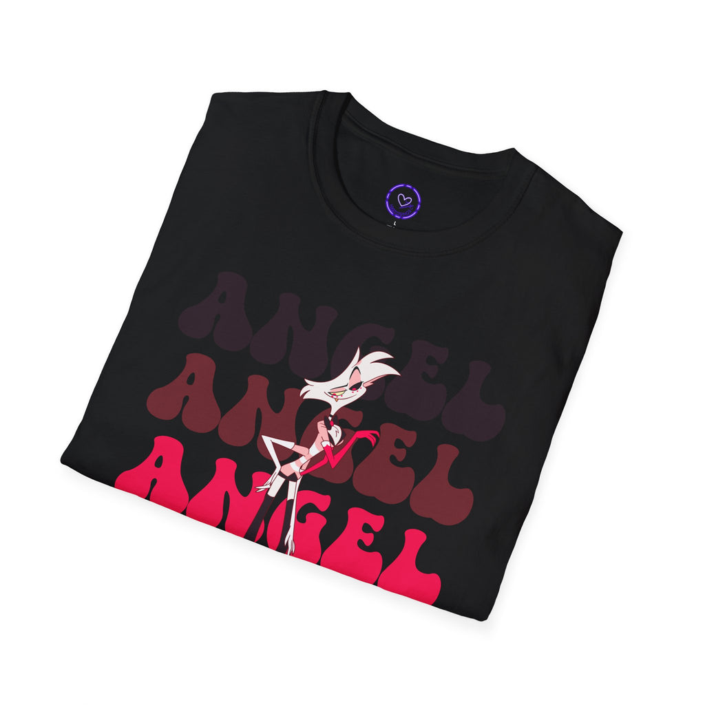 Angel Dust Hazbin Hotel Retro Text T-Shirt | Layered Typography, Fashion Silhouette